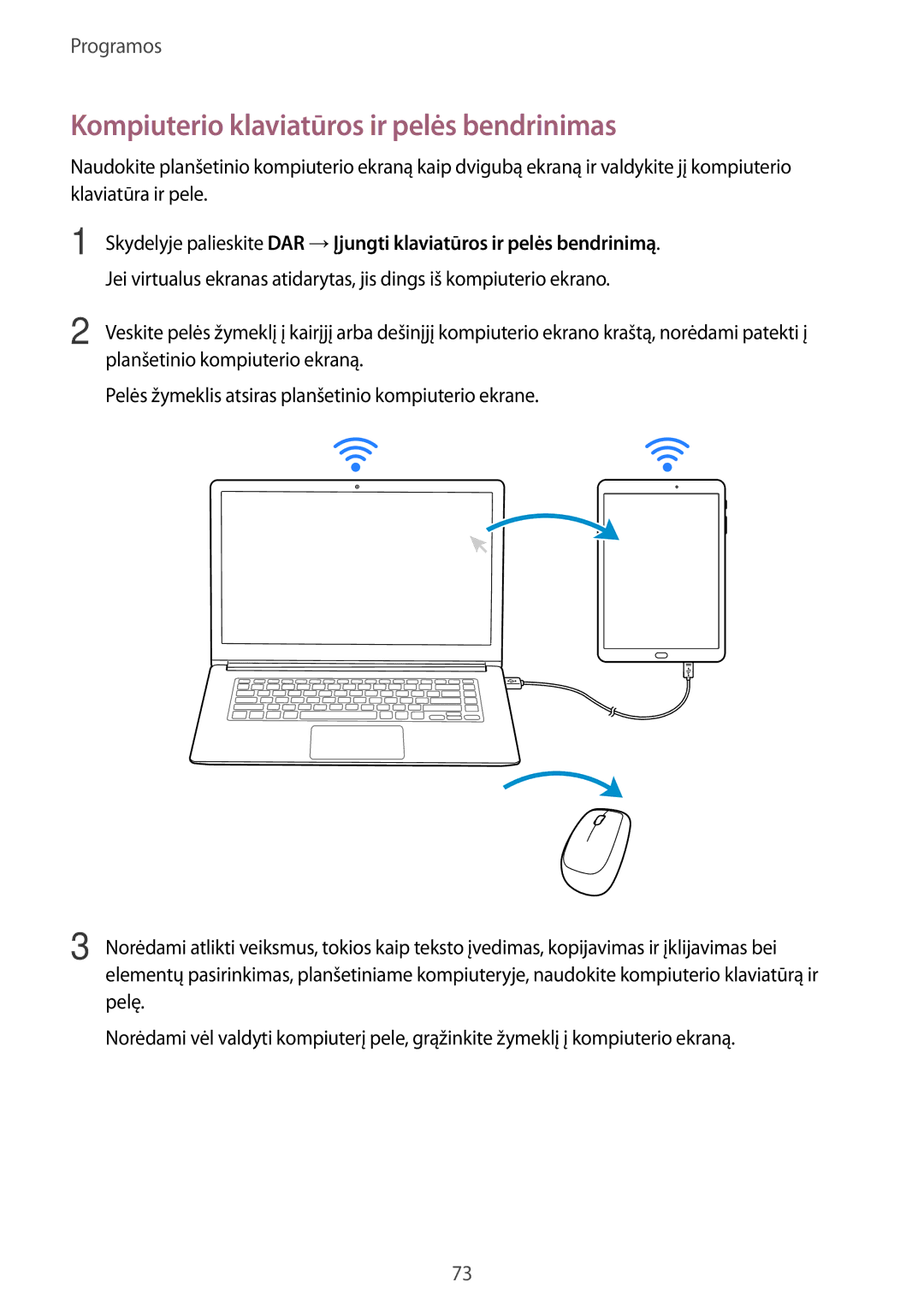 Samsung SM-T810NZWESEB, SM-T810NZKESEB, SM-T810NZDESEB manual Kompiuterio klaviatūros ir pelės bendrinimas 