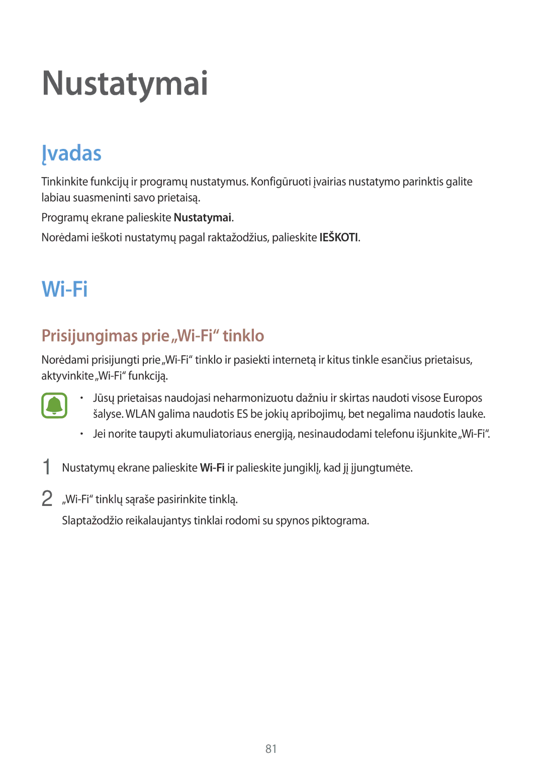 Samsung SM-T810NZKESEB, SM-T810NZWESEB, SM-T810NZDESEB manual Įvadas, Prisijungimas prie„Wi-Fi tinklo 