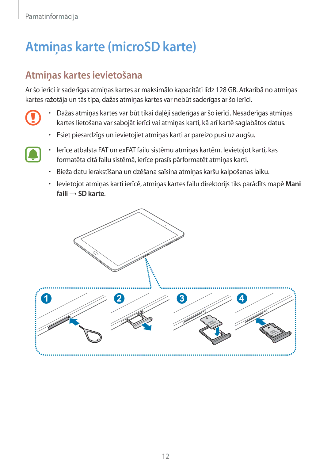 Samsung SM-T810NZKESEB, SM-T810NZWESEB, SM-T810NZDESEB manual Atmiņas karte microSD karte, Atmiņas kartes ievietošana 