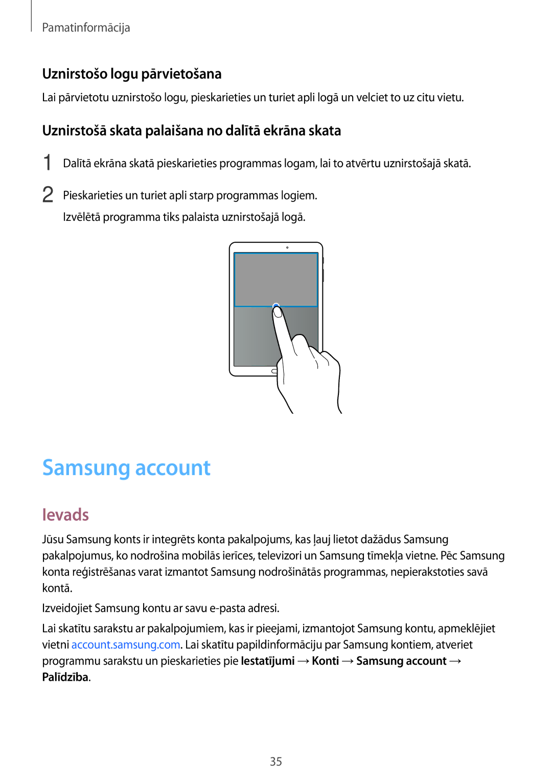 Samsung SM-T810NZDESEB Samsung account, Uznirstošo logu pārvietošana, Uznirstošā skata palaišana no dalītā ekrāna skata 