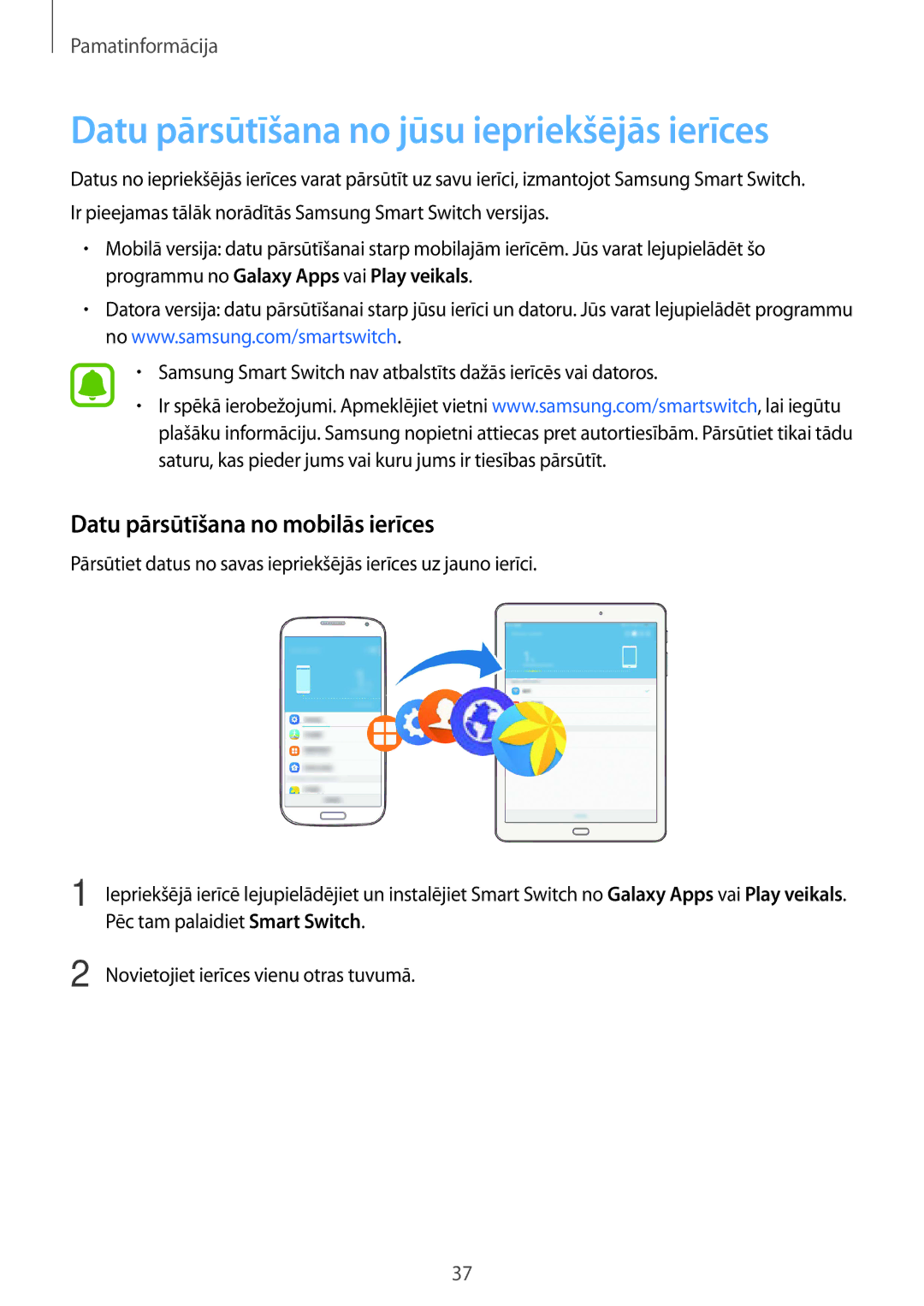 Samsung SM-T810NZWESEB, SM-T810NZKESEB Datu pārsūtīšana no jūsu iepriekšējās ierīces, Datu pārsūtīšana no mobilās ierīces 