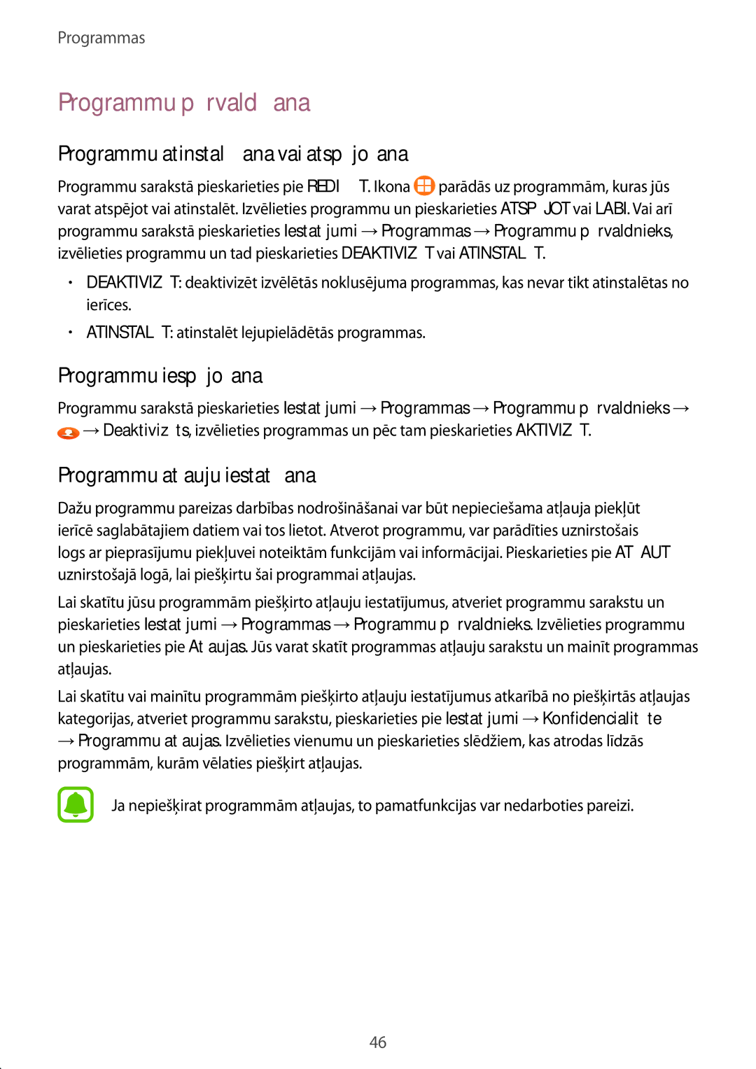 Samsung SM-T810NZWESEB manual Programmu pārvaldīšana, Programmu atinstalēšana vai atspējošana, Programmu iespējošana 