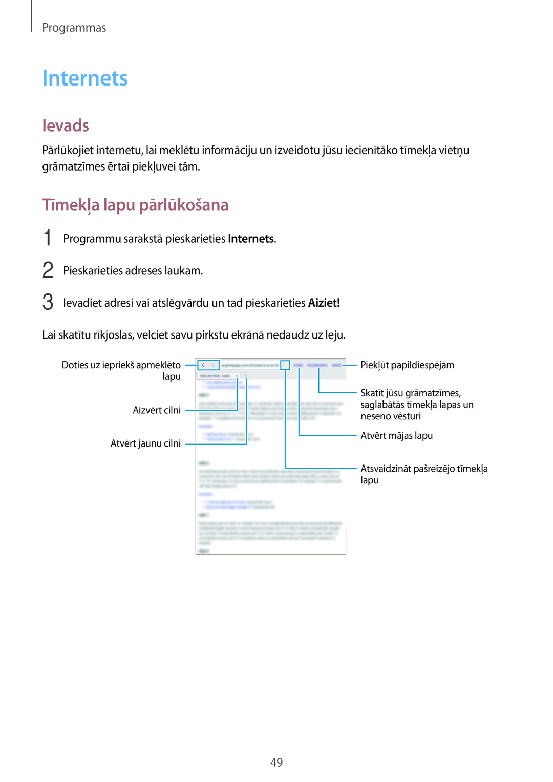 Samsung SM-T810NZWESEB, SM-T810NZKESEB, SM-T810NZDESEB manual Internets, Tīmekļa lapu pārlūkošana 