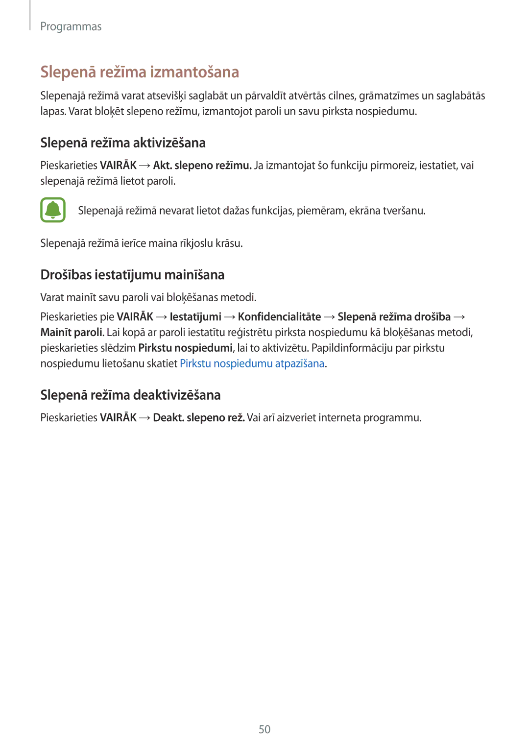 Samsung SM-T810NZDESEB manual Slepenā režīma izmantošana, Slepenā režīma aktivizēšana, Drošības iestatījumu mainīšana 