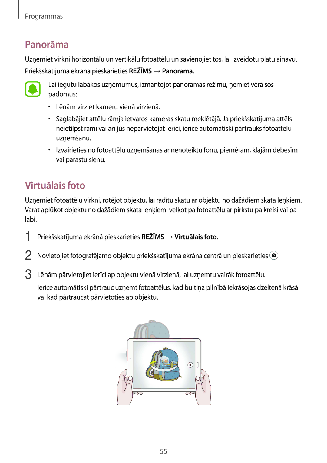 Samsung SM-T810NZWESEB, SM-T810NZKESEB, SM-T810NZDESEB manual Panorāma, Virtuālais foto 