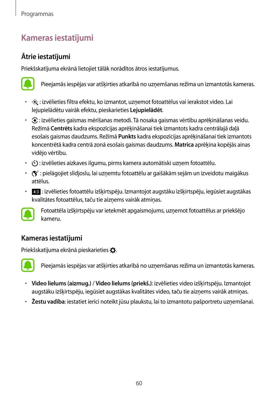 Samsung SM-T810NZKESEB, SM-T810NZWESEB, SM-T810NZDESEB manual Kameras iestatījumi, Ātrie iestatījumi 