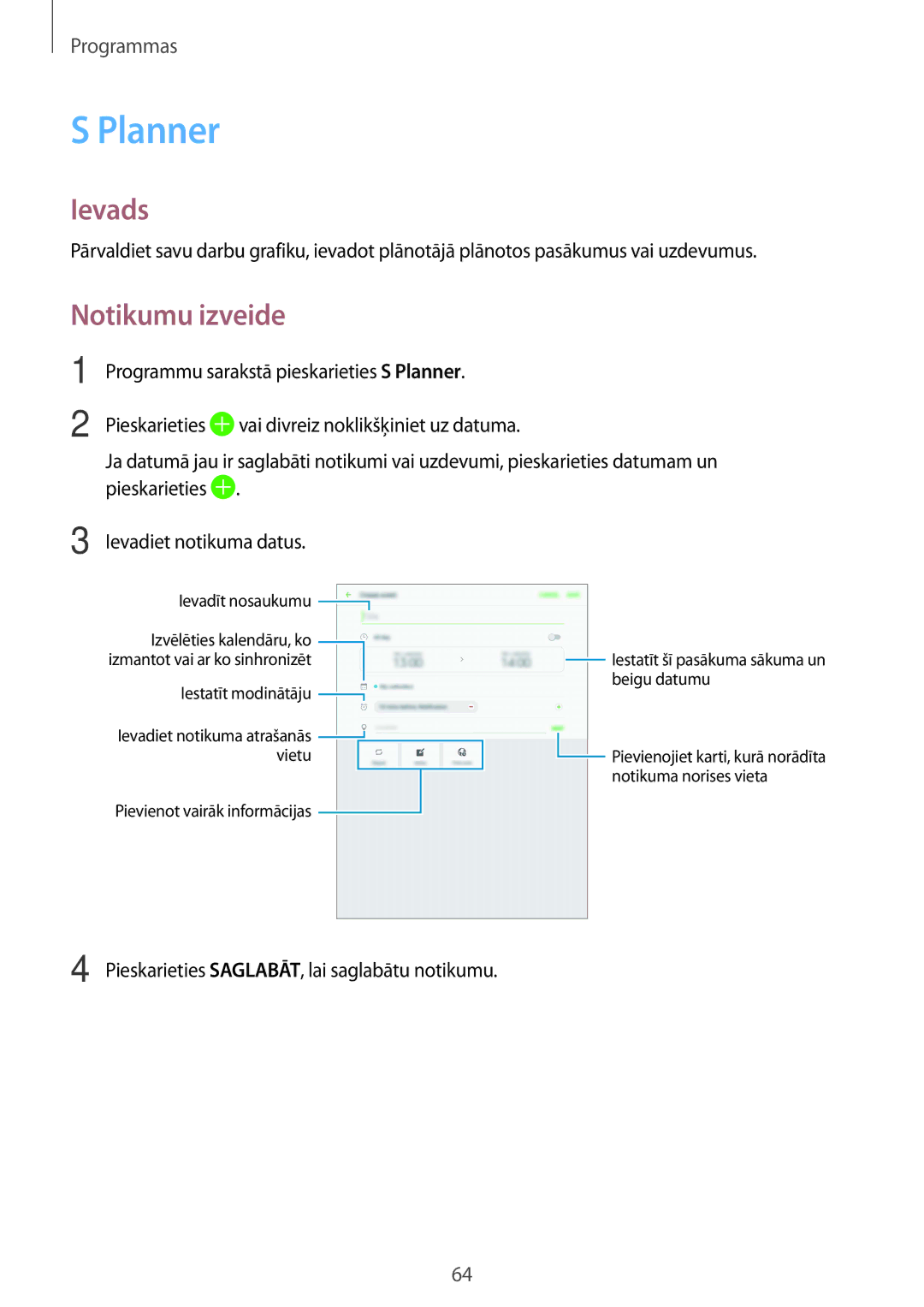 Samsung SM-T810NZWESEB, SM-T810NZKESEB, SM-T810NZDESEB manual Planner, Notikumu izveide 