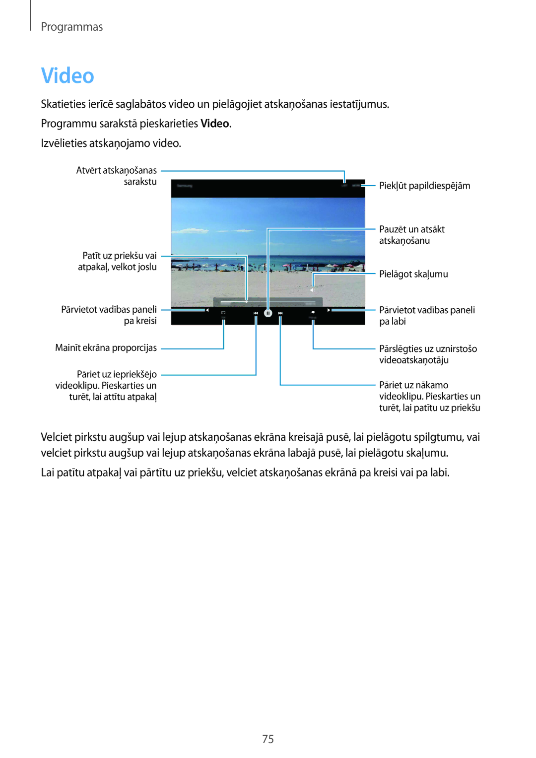 Samsung SM-T810NZKESEB, SM-T810NZWESEB, SM-T810NZDESEB manual Video, Pielāgot skaļumu Pārvietot vadības paneli pa labi 