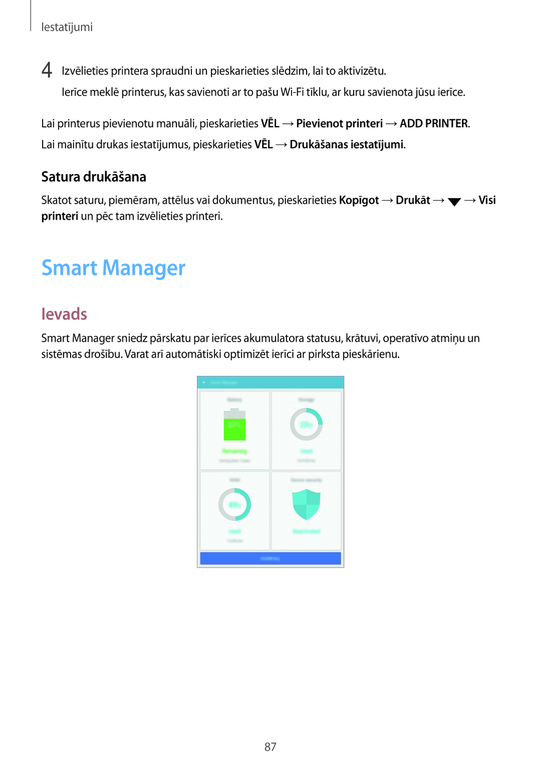 Samsung SM-T810NZKESEB, SM-T810NZWESEB, SM-T810NZDESEB manual Smart Manager, Satura drukāšana 