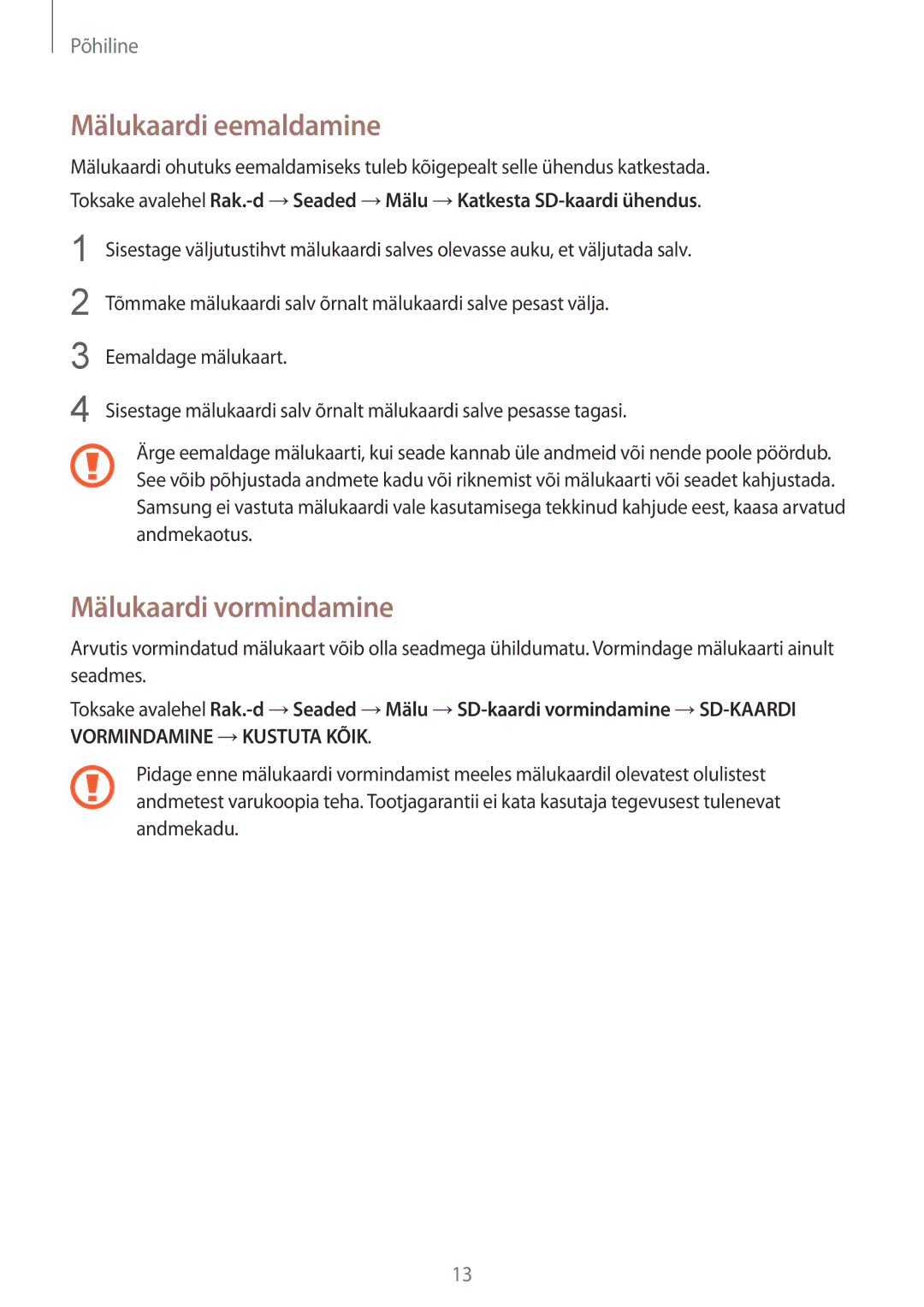 Samsung SM-T810NZWESEB, SM-T810NZKESEB, SM-T810NZDESEB manual Mälukaardi eemaldamine, Mälukaardi vormindamine 