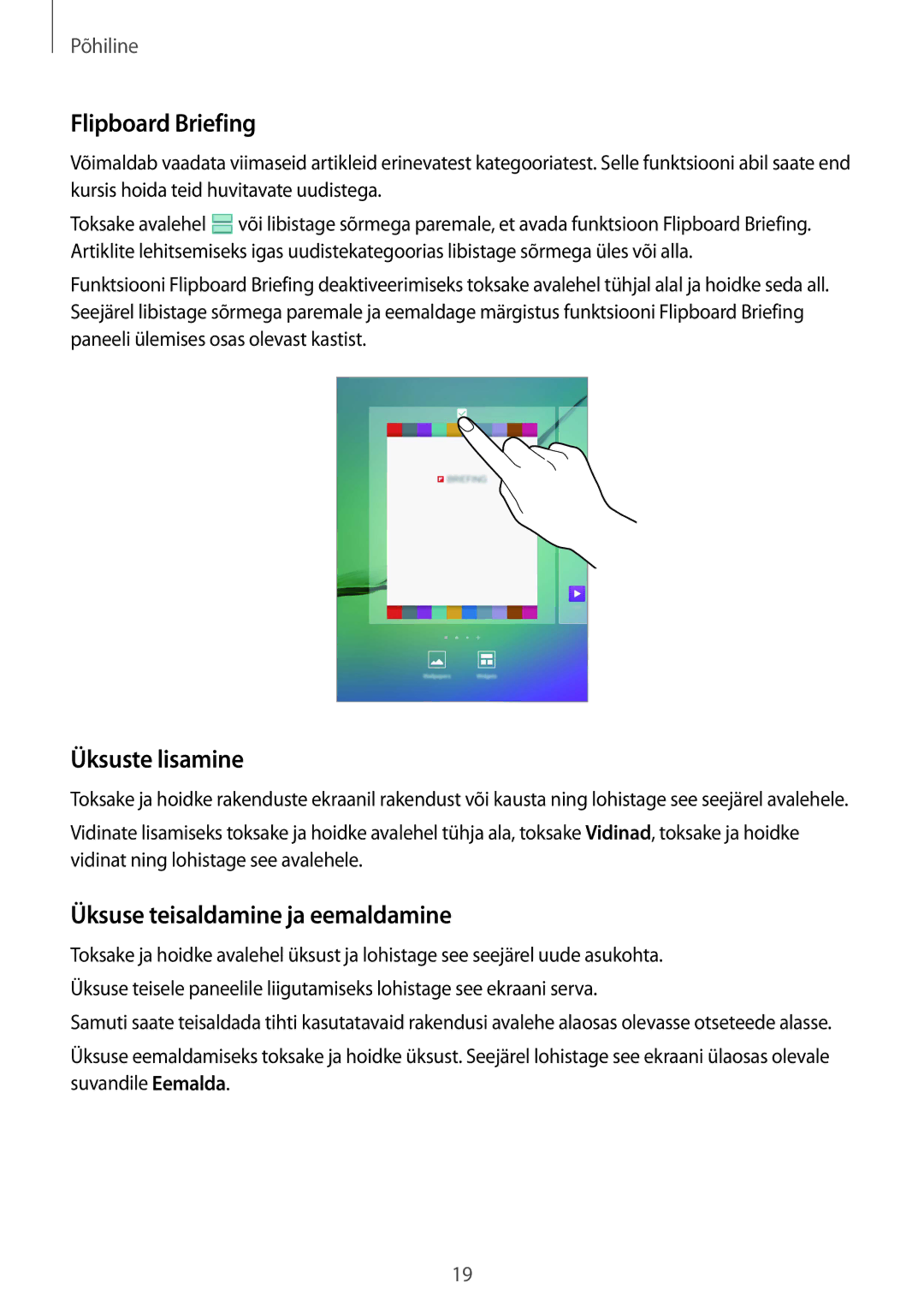 Samsung SM-T810NZWESEB, SM-T810NZKESEB manual Flipboard Briefing, Üksuste lisamine, Üksuse teisaldamine ja eemaldamine 