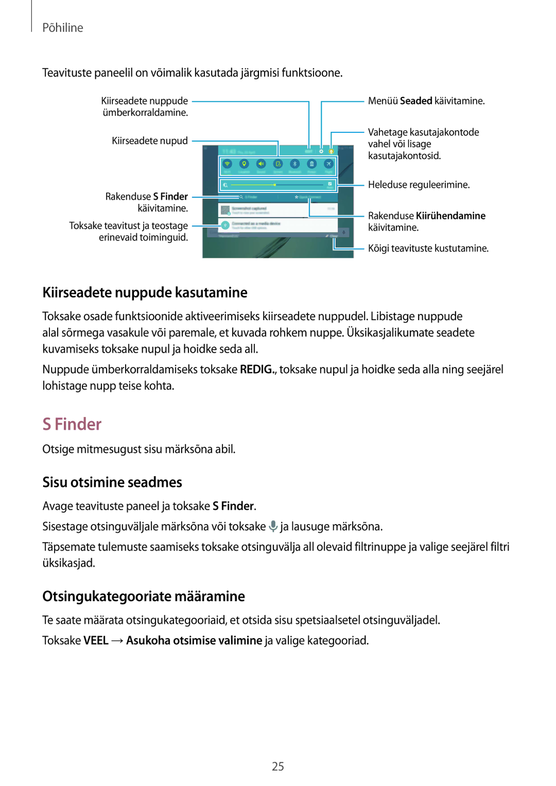 Samsung SM-T810NZWESEB manual Finder, Kiirseadete nuppude kasutamine, Sisu otsimine seadmes, Otsingukategooriate määramine 