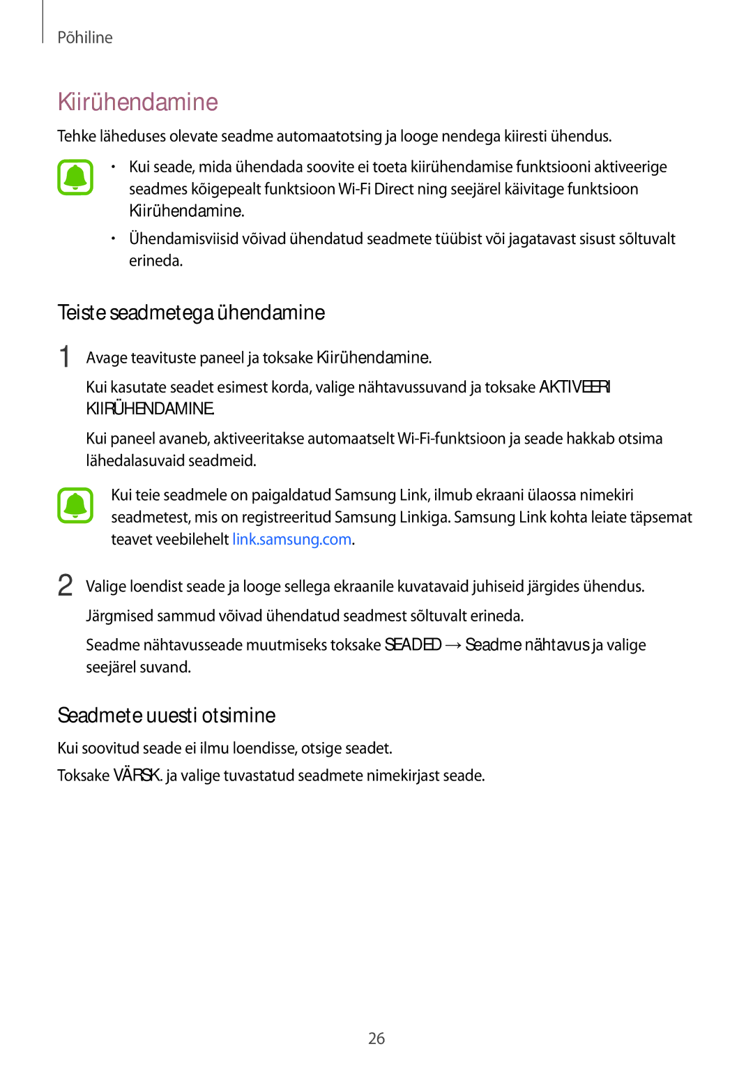 Samsung SM-T810NZDESEB, SM-T810NZKESEB manual Kiirühendamine, Teiste seadmetega ühendamine, Seadmete uuesti otsimine 