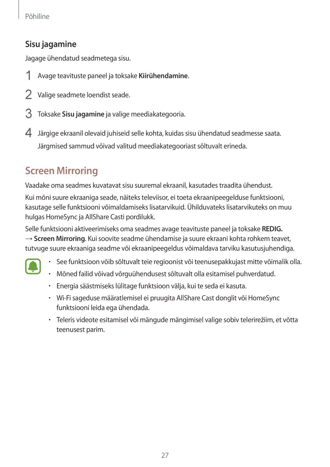 Samsung SM-T810NZKESEB, SM-T810NZWESEB, SM-T810NZDESEB manual Screen Mirroring, Sisu jagamine 