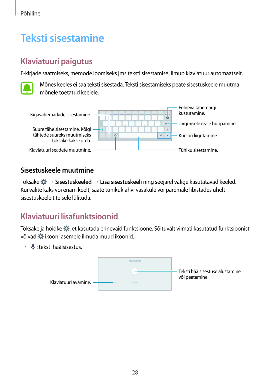 Samsung SM-T810NZWESEB Teksti sisestamine, Klaviatuuri paigutus, Klaviatuuri lisafunktsioonid, Sisestuskeele muutmine 