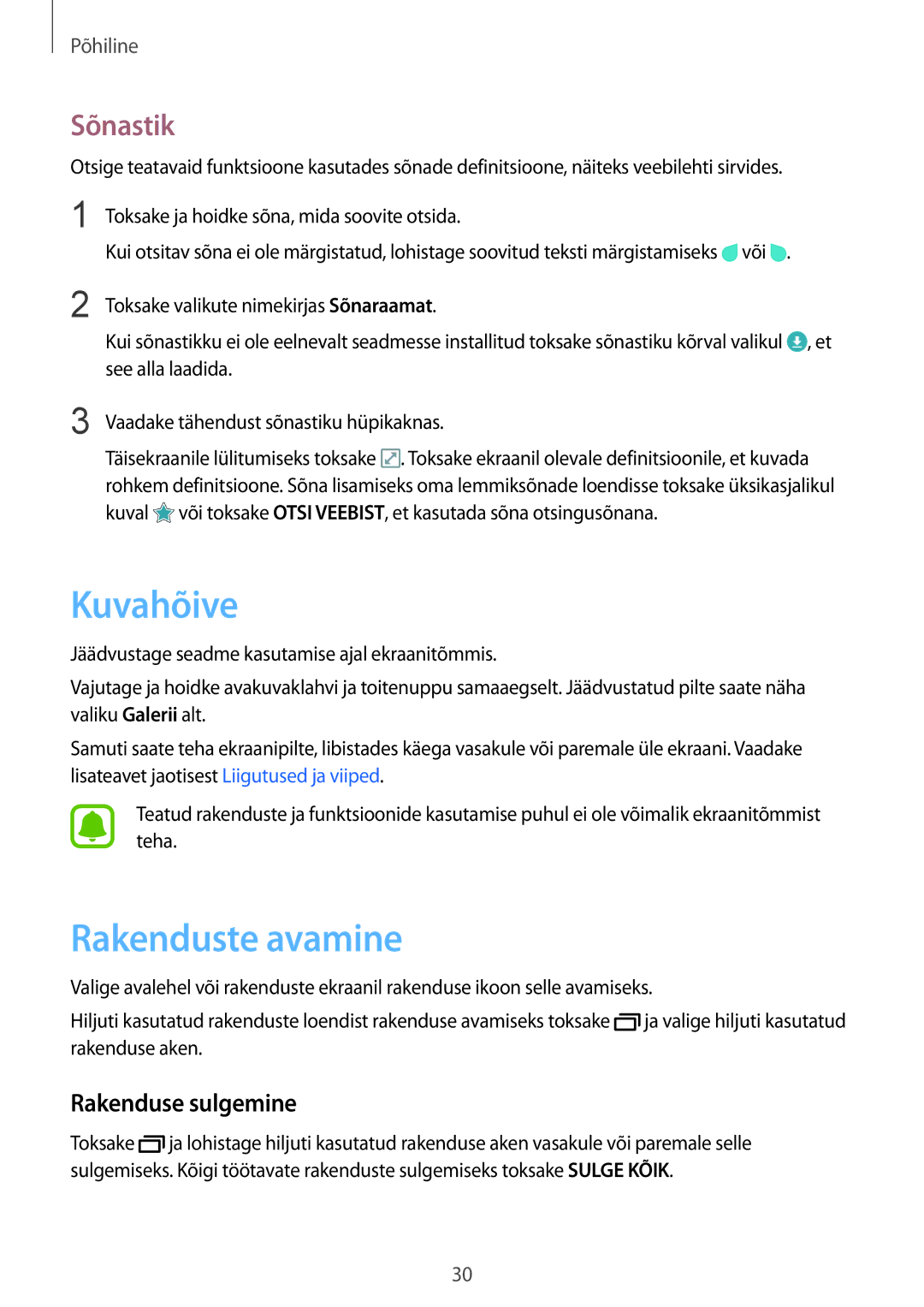 Samsung SM-T810NZKESEB, SM-T810NZWESEB, SM-T810NZDESEB manual Kuvahõive, Rakenduste avamine, Sõnastik, Rakenduse sulgemine 