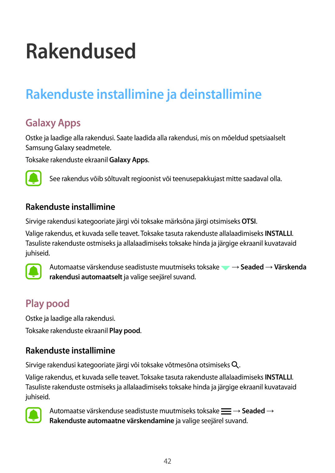 Samsung SM-T810NZKESEB, SM-T810NZWESEB, SM-T810NZDESEB Rakenduste installimine ja deinstallimine, Galaxy Apps, Play pood 