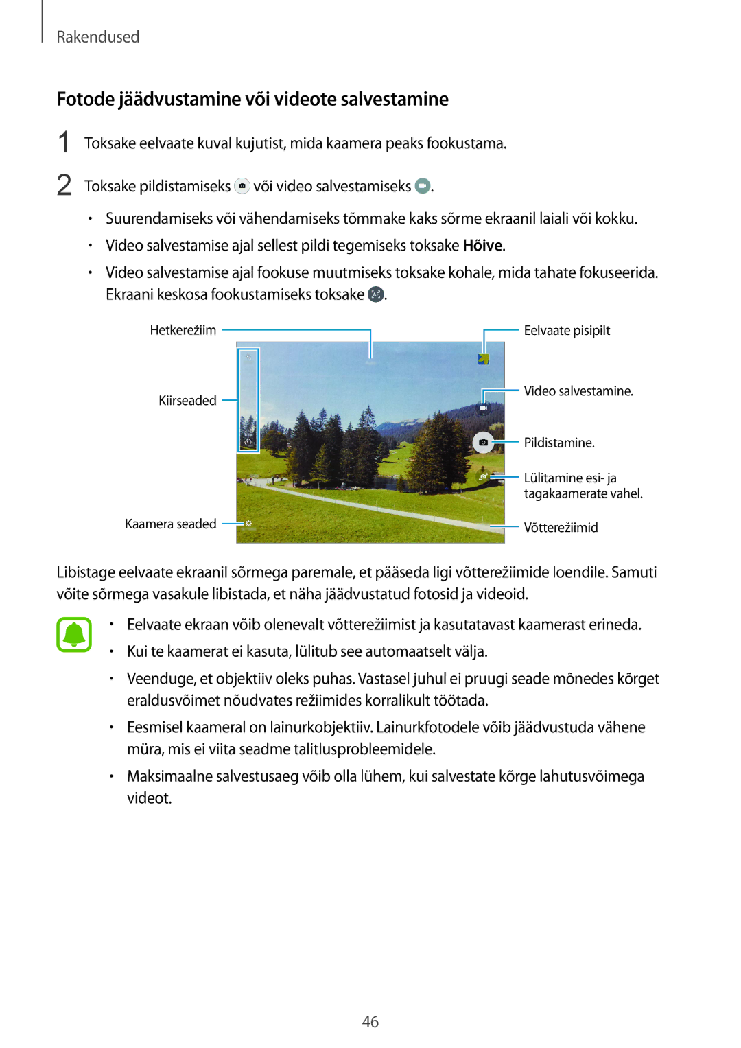 Samsung SM-T810NZWESEB, SM-T810NZKESEB, SM-T810NZDESEB manual Fotode jäädvustamine või videote salvestamine 