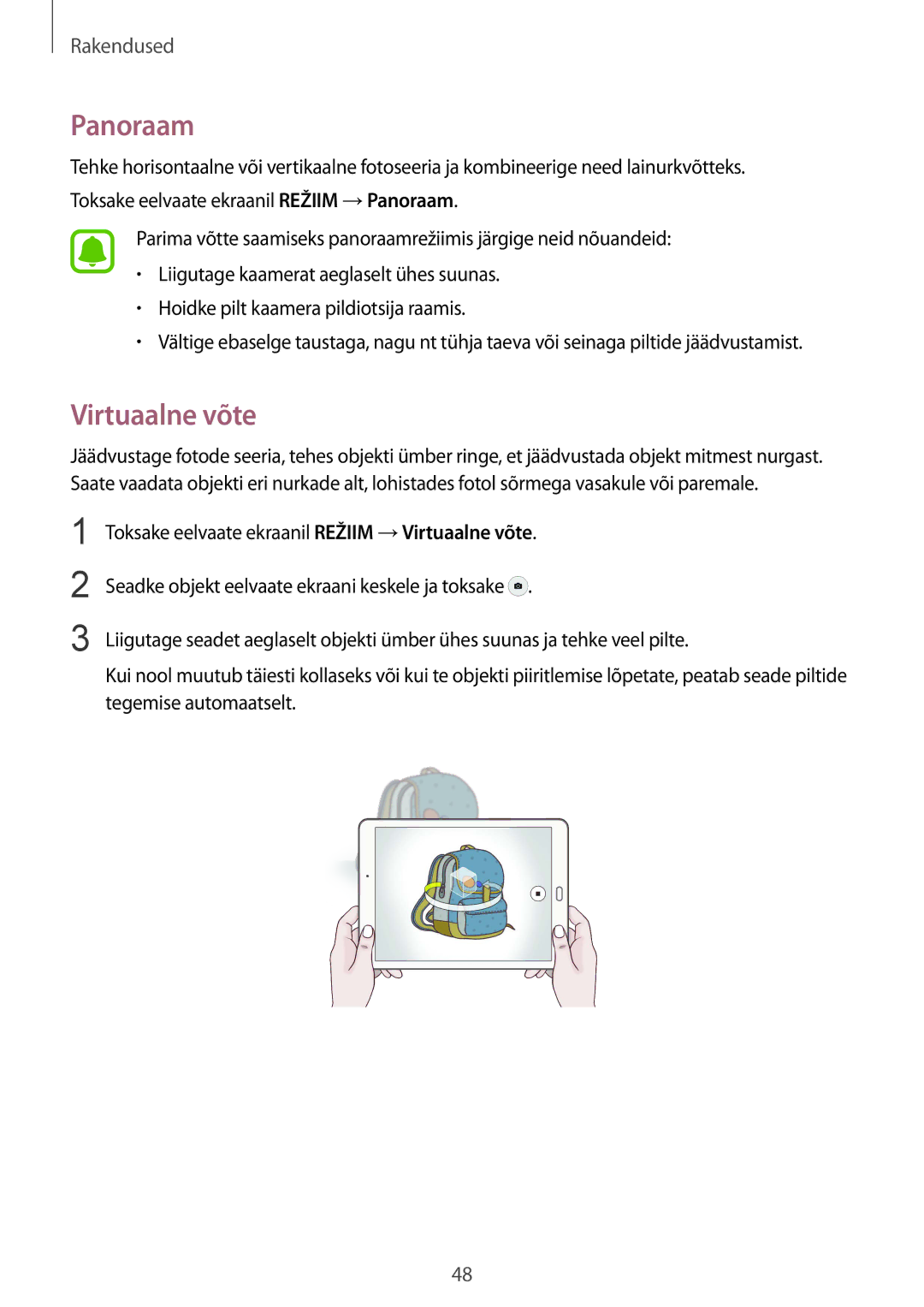 Samsung SM-T810NZKESEB, SM-T810NZWESEB, SM-T810NZDESEB manual Panoraam, Virtuaalne võte 