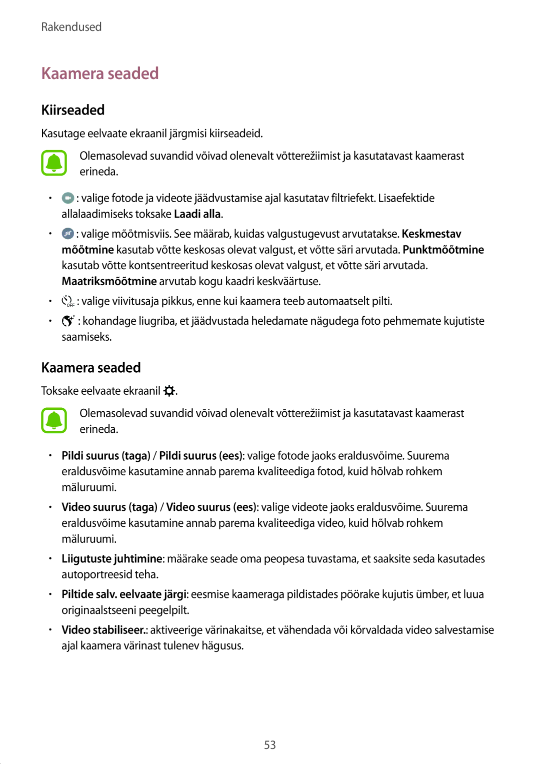 Samsung SM-T810NZDESEB, SM-T810NZKESEB, SM-T810NZWESEB manual Kaamera seaded, Kiirseaded 