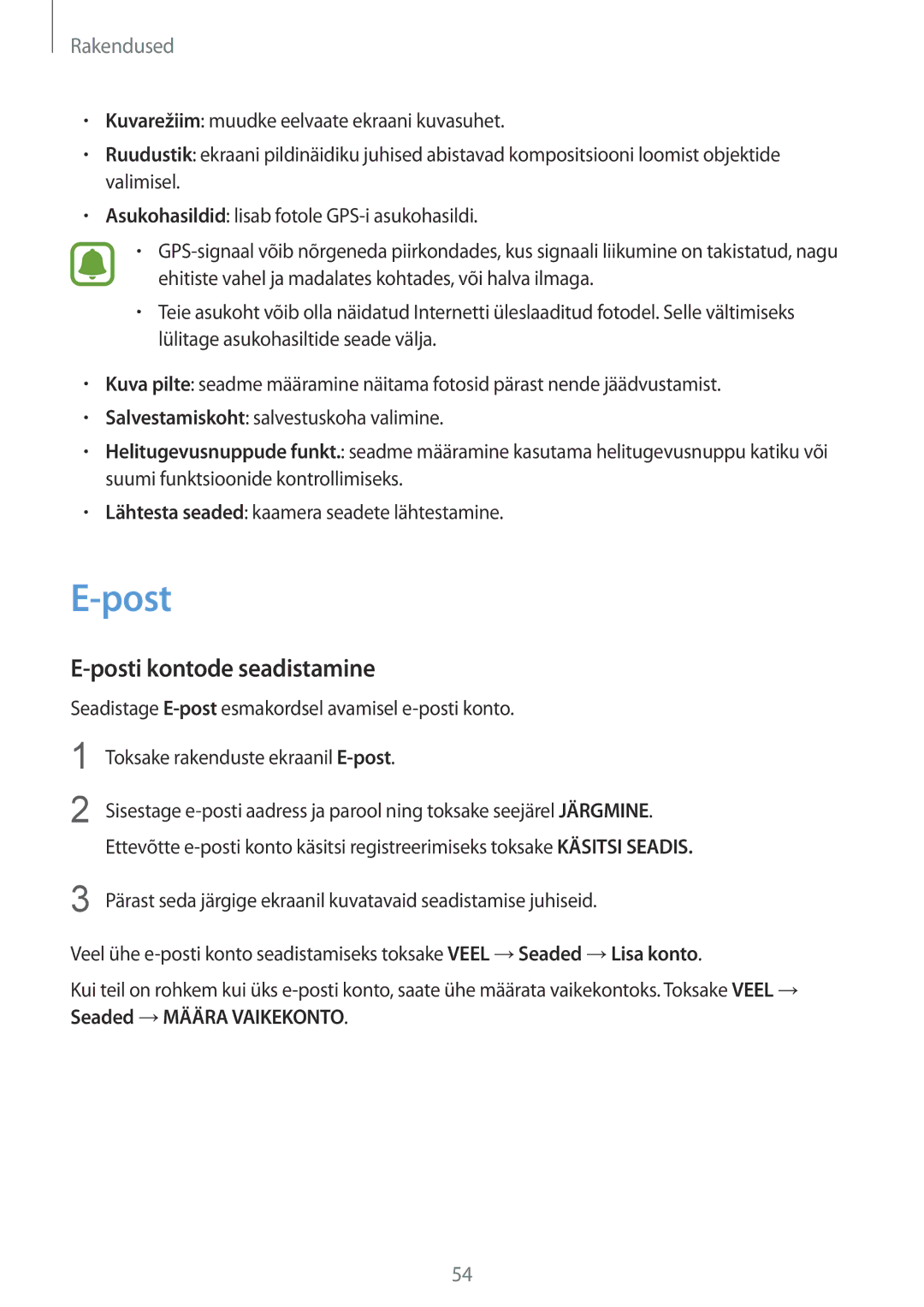 Samsung SM-T810NZKESEB, SM-T810NZWESEB, SM-T810NZDESEB manual Posti kontode seadistamine 