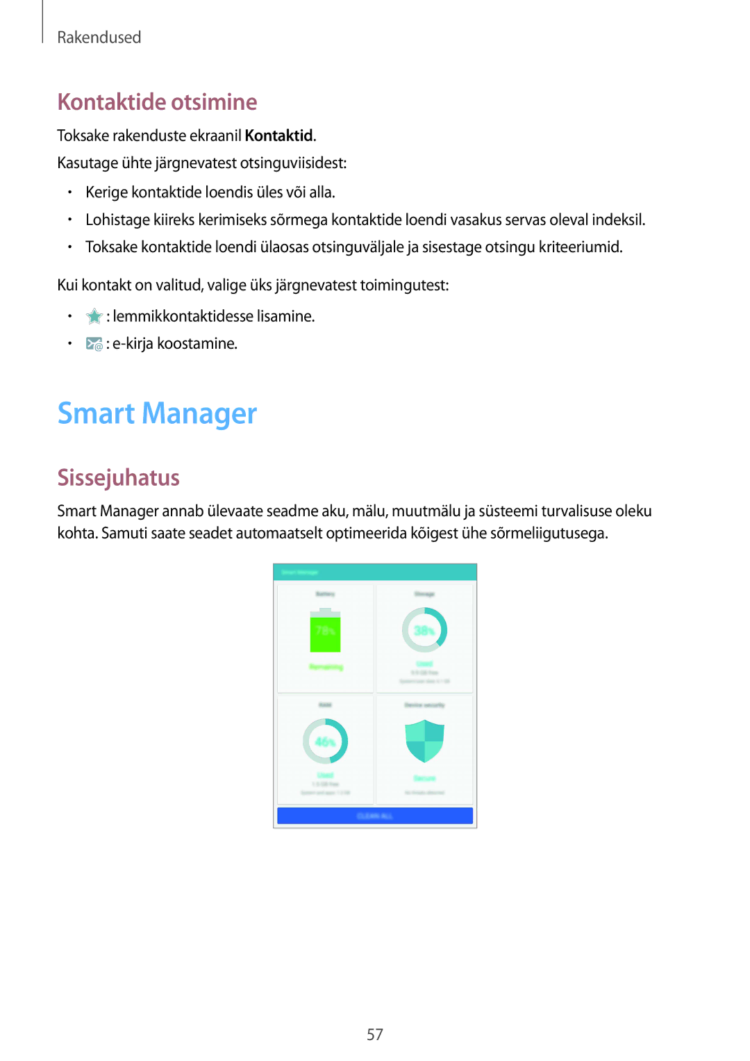 Samsung SM-T810NZKESEB, SM-T810NZWESEB, SM-T810NZDESEB manual Smart Manager, Kontaktide otsimine 