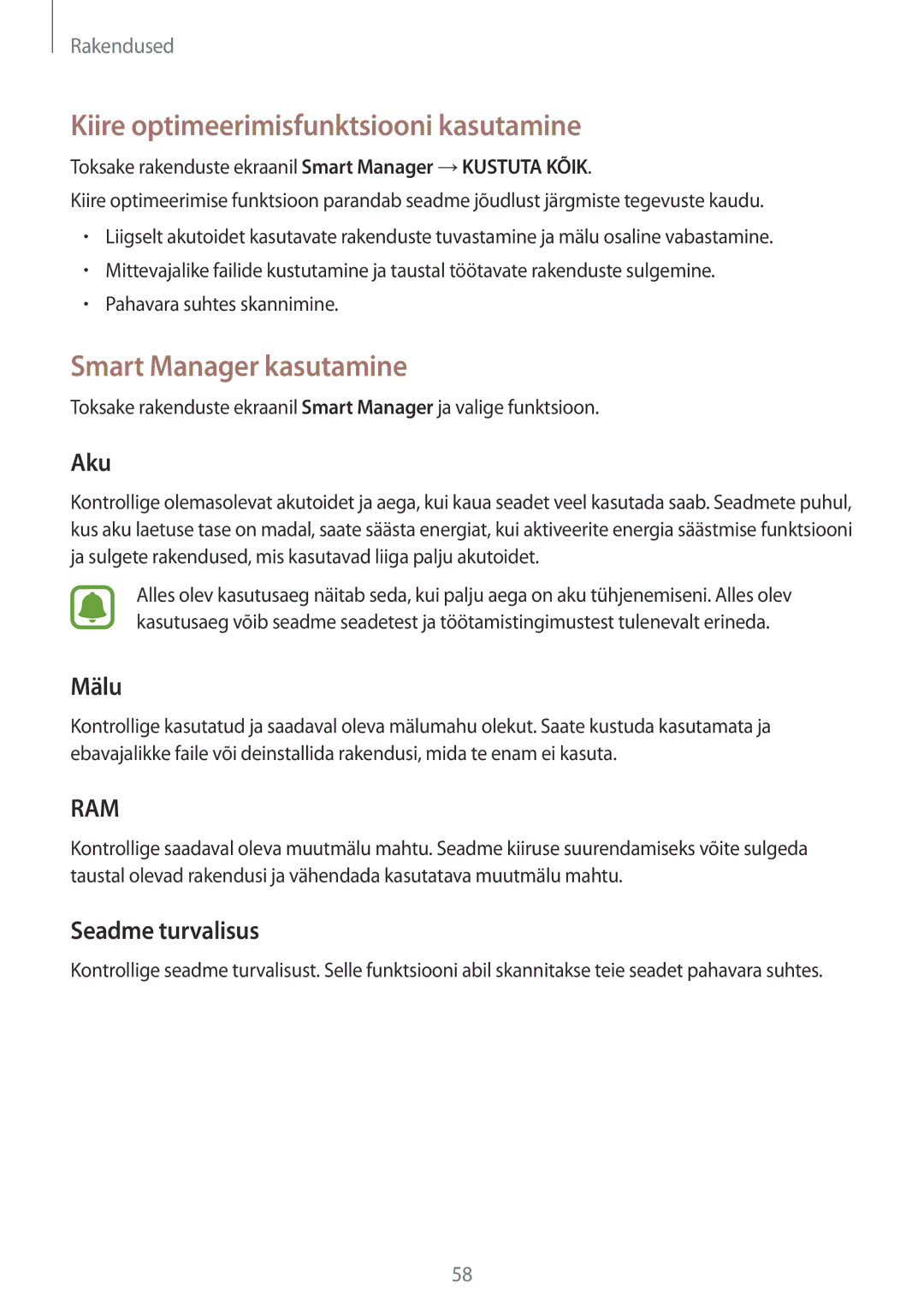 Samsung SM-T810NZWESEB Kiire optimeerimisfunktsiooni kasutamine, Smart Manager kasutamine, Aku, Mälu, Seadme turvalisus 