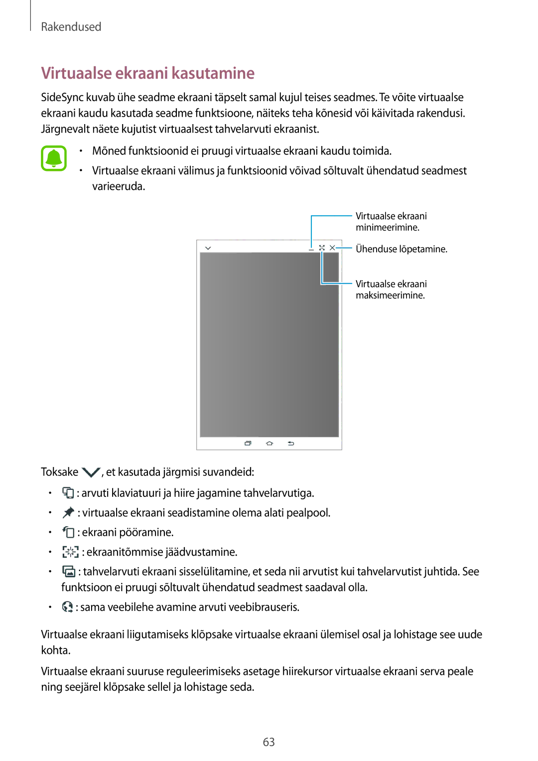 Samsung SM-T810NZKESEB, SM-T810NZWESEB, SM-T810NZDESEB manual Virtuaalse ekraani kasutamine 