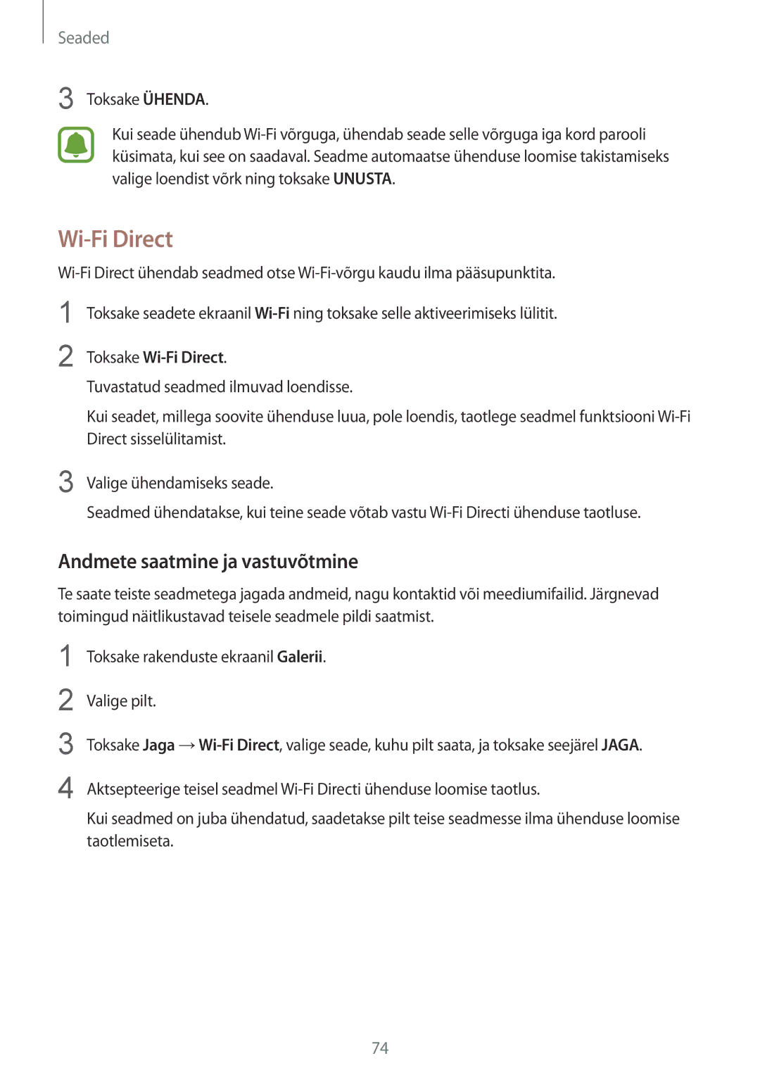 Samsung SM-T810NZDESEB, SM-T810NZKESEB, SM-T810NZWESEB manual Wi-Fi Direct, Andmete saatmine ja vastuvõtmine 