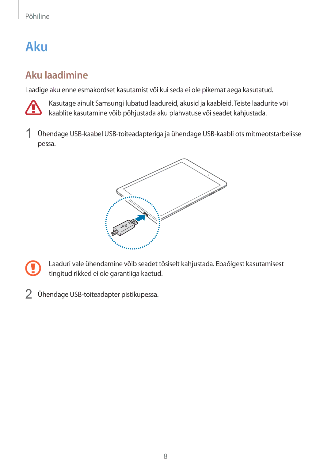 Samsung SM-T810NZDESEB, SM-T810NZKESEB, SM-T810NZWESEB manual Aku laadimine 