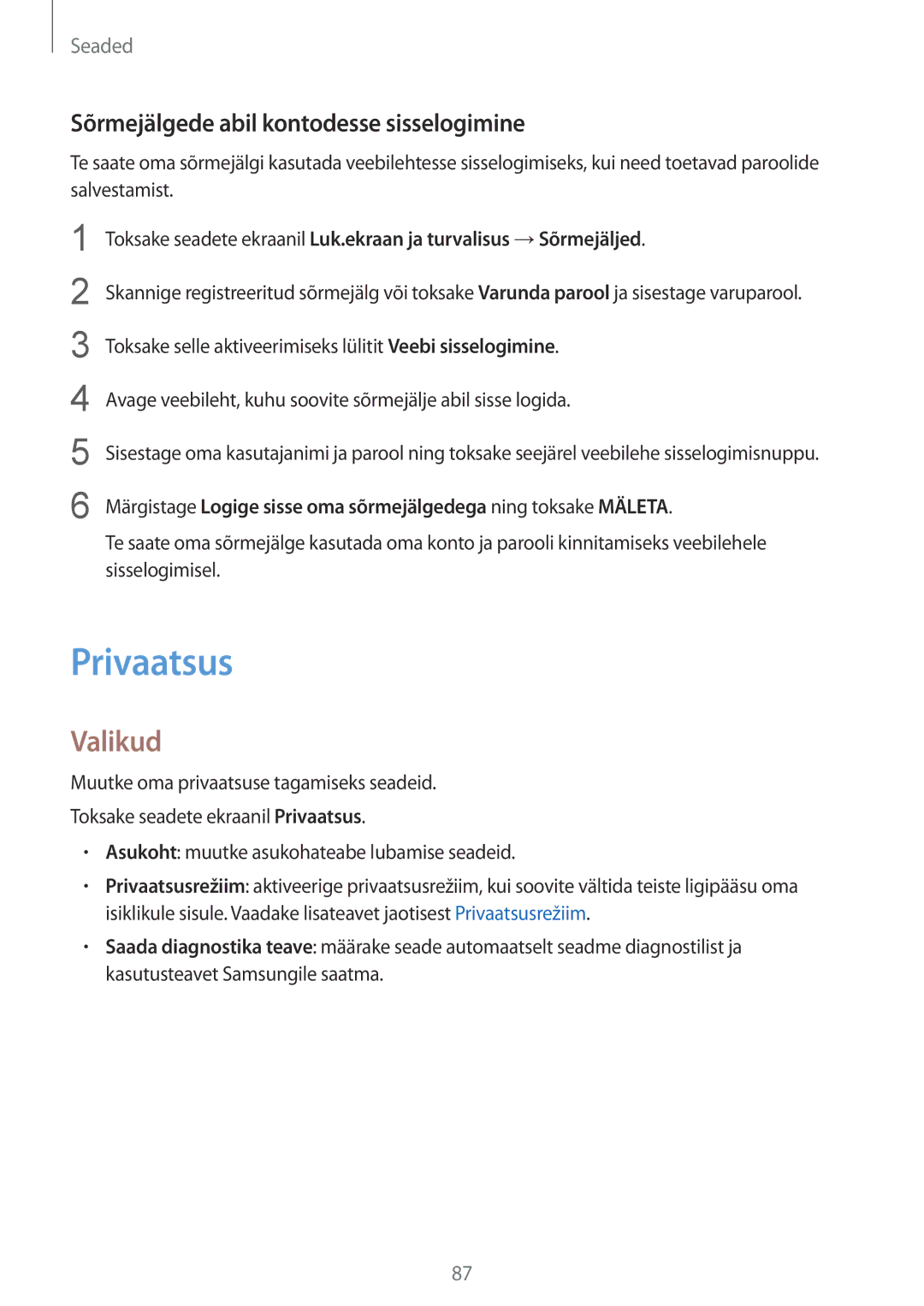 Samsung SM-T810NZKESEB, SM-T810NZWESEB, SM-T810NZDESEB manual Privaatsus, Sõrmejälgede abil kontodesse sisselogimine 
