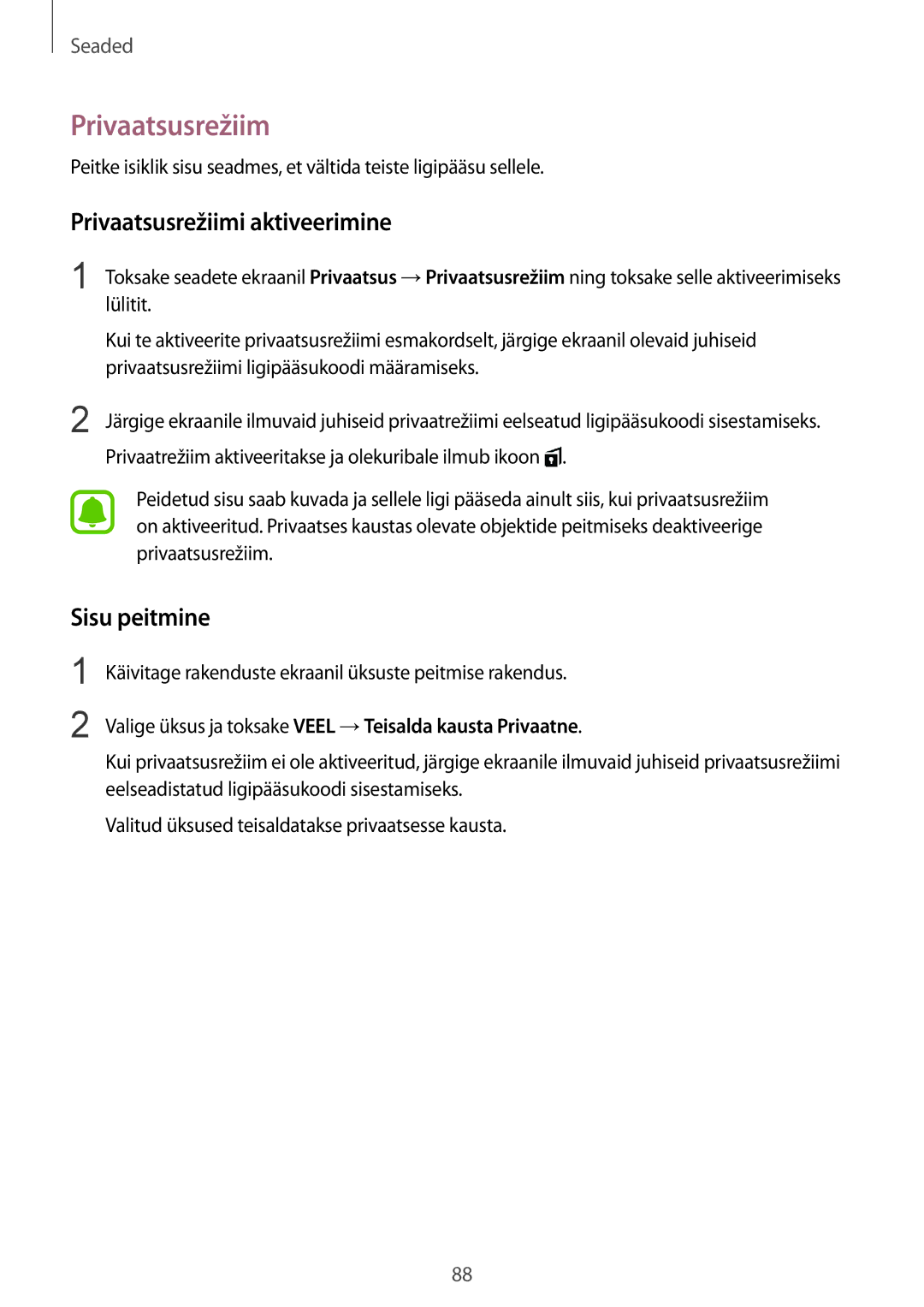 Samsung SM-T810NZWESEB, SM-T810NZKESEB, SM-T810NZDESEB manual Privaatsusrežiimi aktiveerimine, Sisu peitmine 