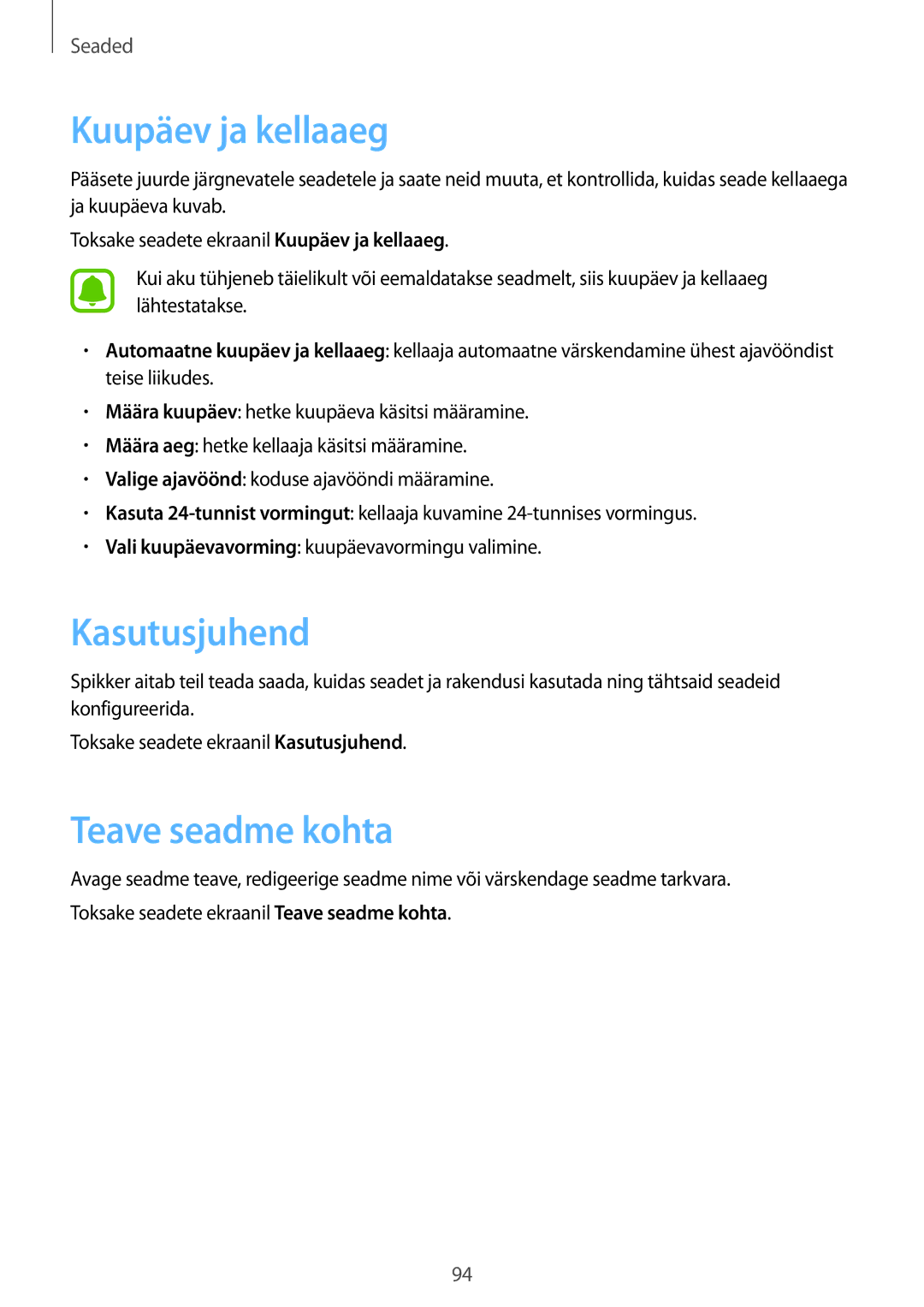 Samsung SM-T810NZWESEB, SM-T810NZKESEB, SM-T810NZDESEB manual Kuupäev ja kellaaeg, Kasutusjuhend, Teave seadme kohta 