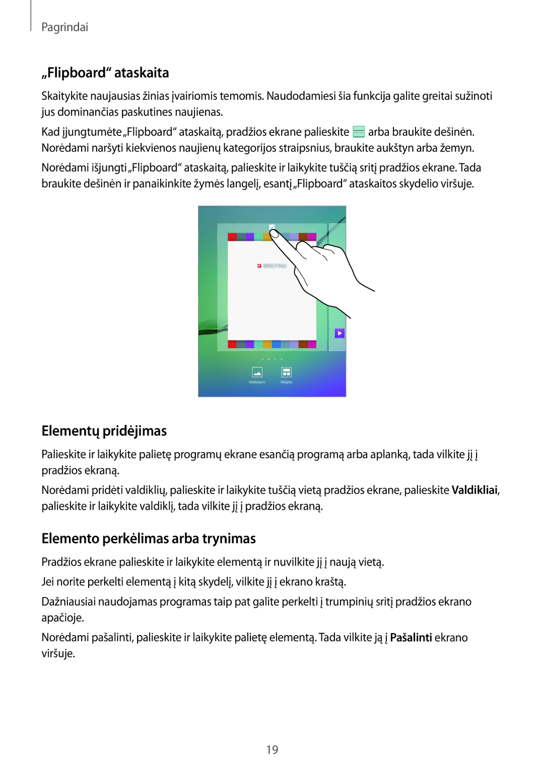 Samsung SM-T810NZWESEB, SM-T810NZKESEB manual „Flipboard ataskaita, Elementų pridėjimas, Elemento perkėlimas arba trynimas 