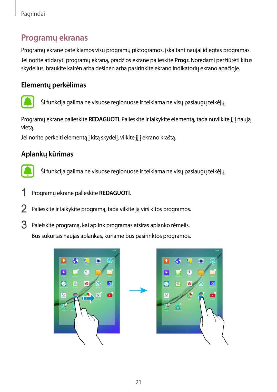 Samsung SM-T810NZKESEB, SM-T810NZWESEB, SM-T810NZDESEB manual Programų ekranas, Elementų perkėlimas 