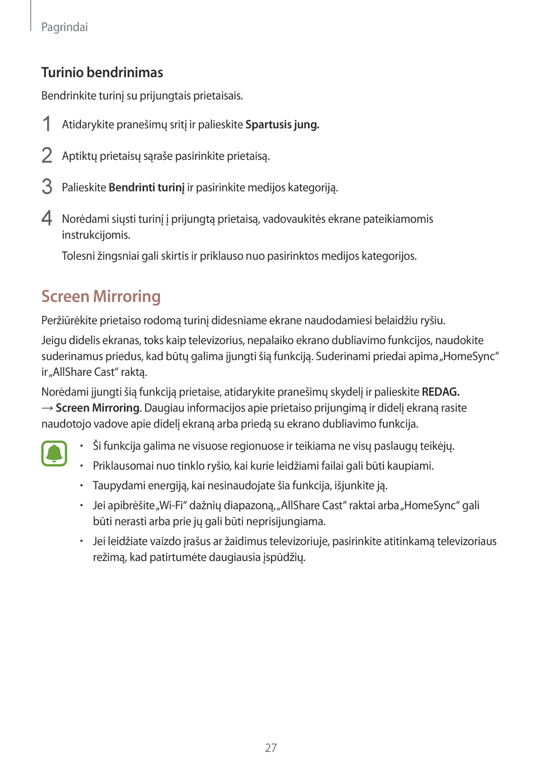 Samsung SM-T810NZKESEB, SM-T810NZWESEB, SM-T810NZDESEB manual Screen Mirroring, Turinio bendrinimas 