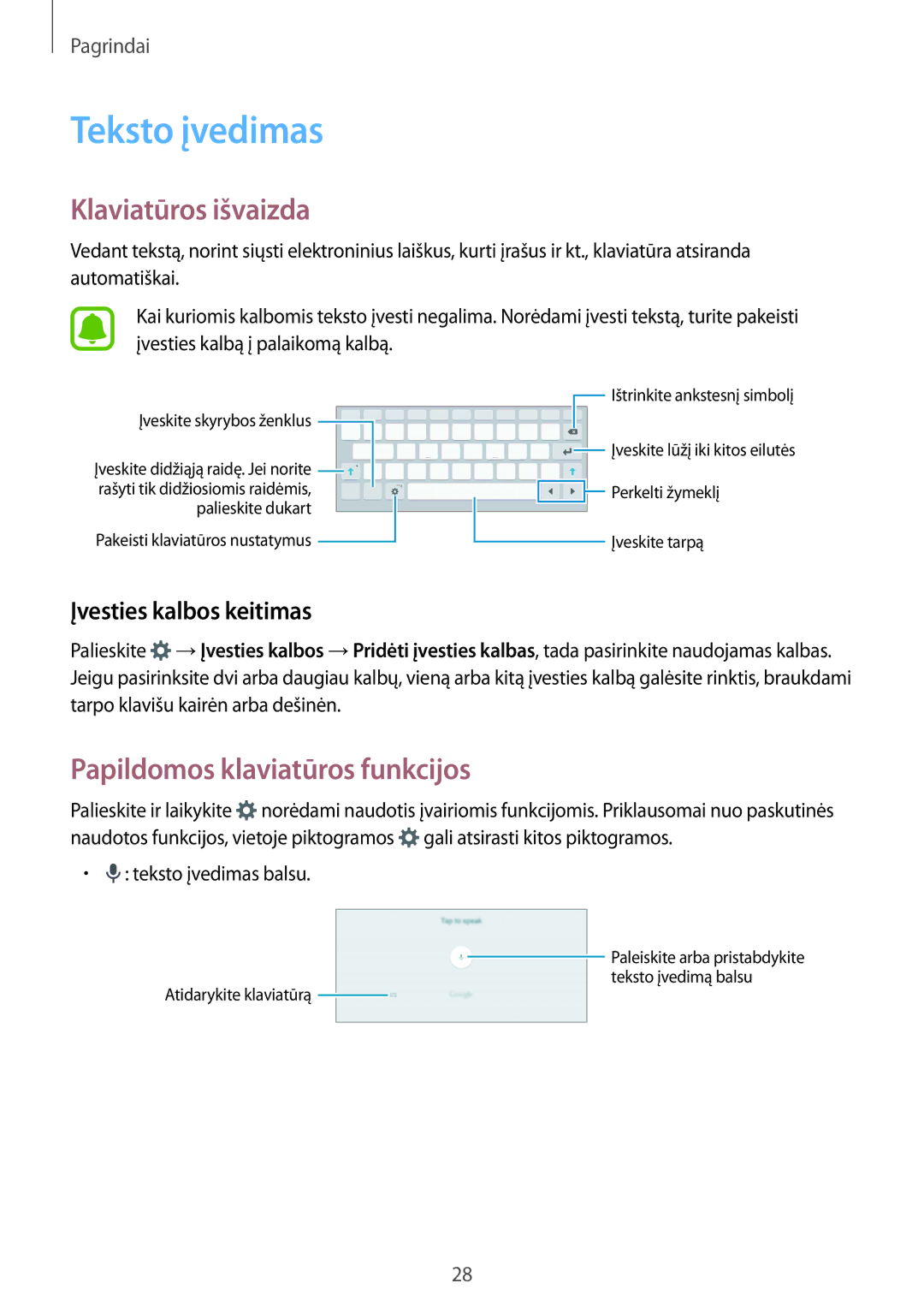 Samsung SM-T810NZWESEB Teksto įvedimas, Klaviatūros išvaizda, Papildomos klaviatūros funkcijos, Įvesties kalbos keitimas 