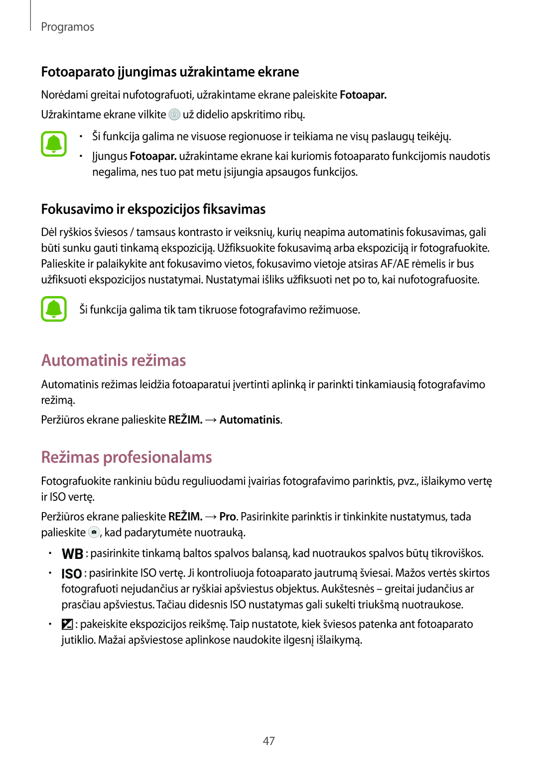 Samsung SM-T810NZDESEB manual Automatinis režimas, Režimas profesionalams, Fotoaparato įjungimas užrakintame ekrane 