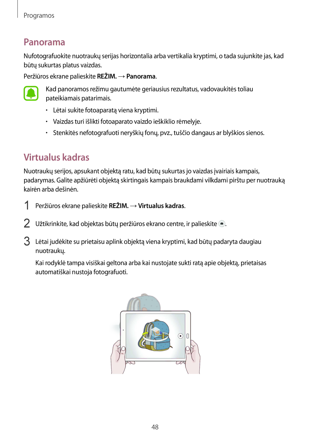 Samsung SM-T810NZKESEB, SM-T810NZWESEB, SM-T810NZDESEB manual Panorama, Virtualus kadras 