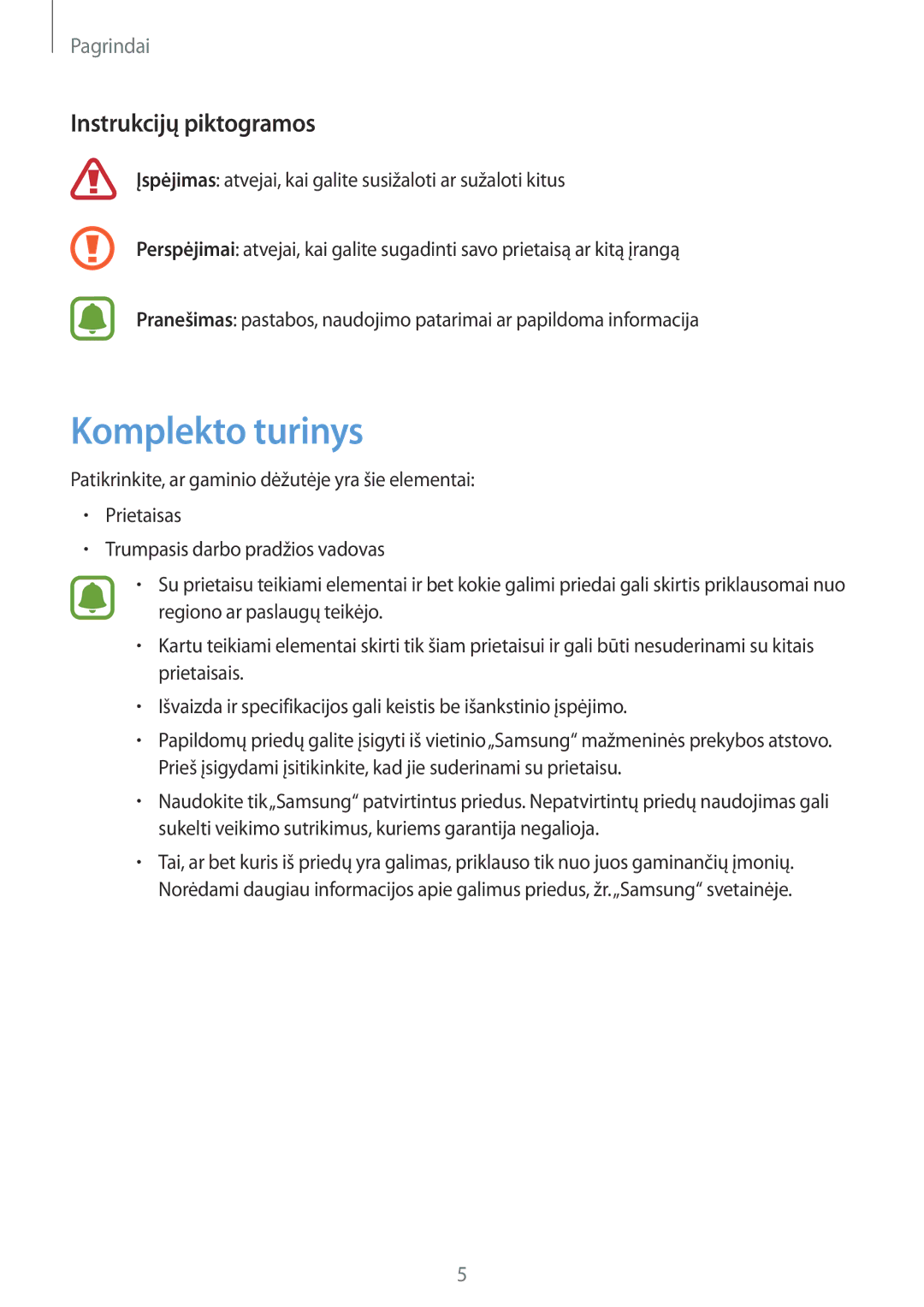 Samsung SM-T810NZDESEB, SM-T810NZKESEB, SM-T810NZWESEB manual Komplekto turinys, Instrukcijų piktogramos 