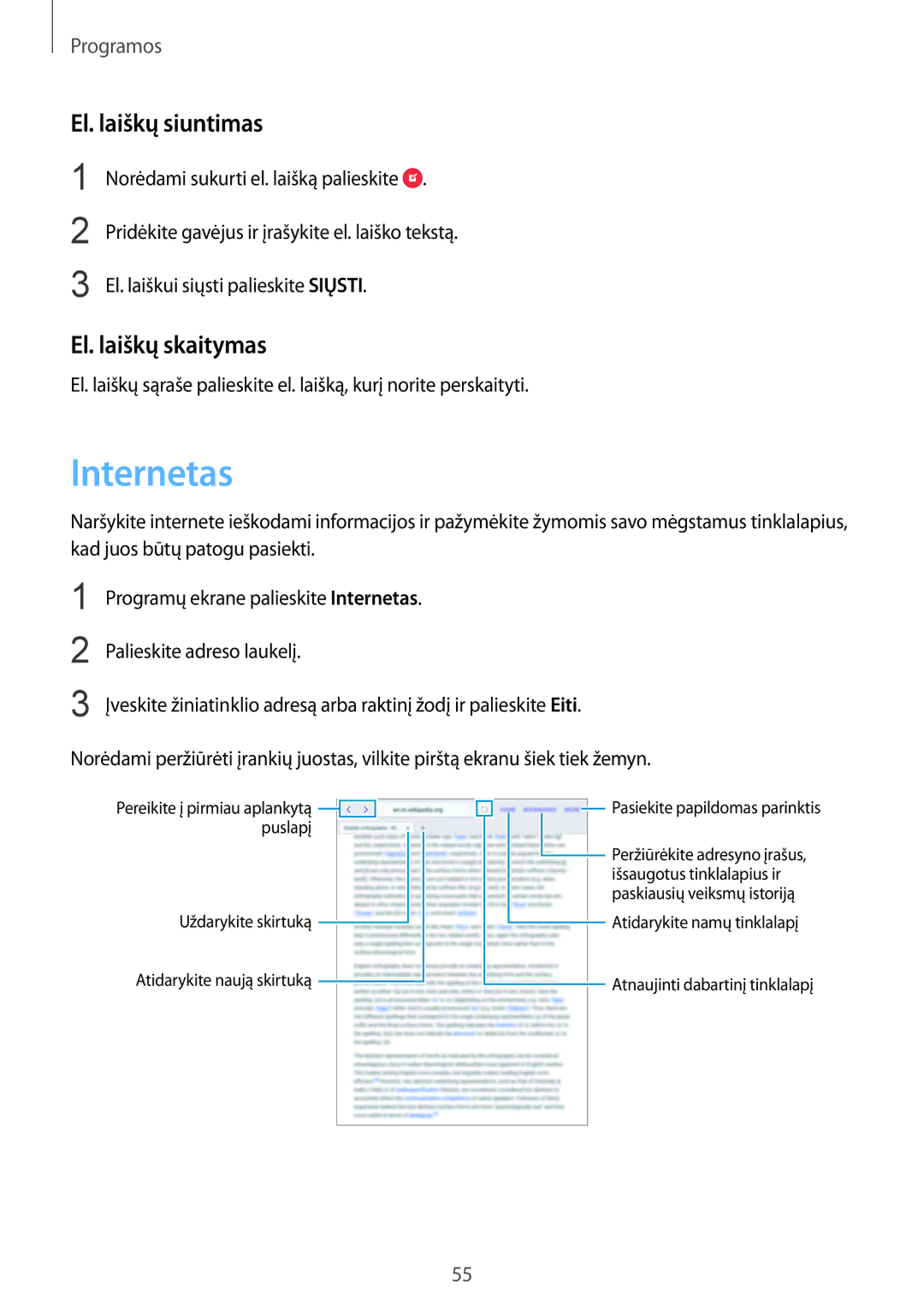 Samsung SM-T810NZWESEB manual Internetas, El. laiškų siuntimas, El. laiškų skaitymas, El. laiškui siųsti palieskite Siųsti 