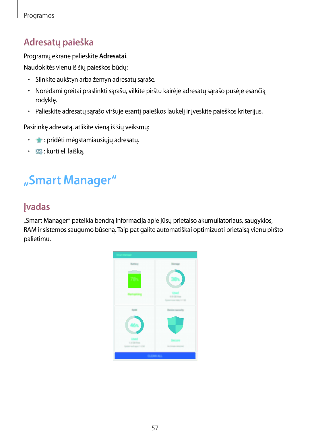 Samsung SM-T810NZKESEB, SM-T810NZWESEB, SM-T810NZDESEB manual „Smart Manager, Adresatų paieška 