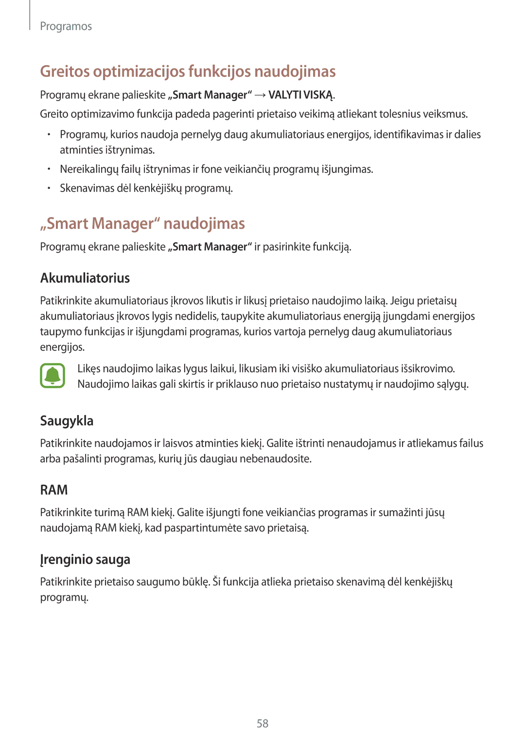 Samsung SM-T810NZWESEB Greitos optimizacijos funkcijos naudojimas, „Smart Manager naudojimas, Akumuliatorius, Saugykla 