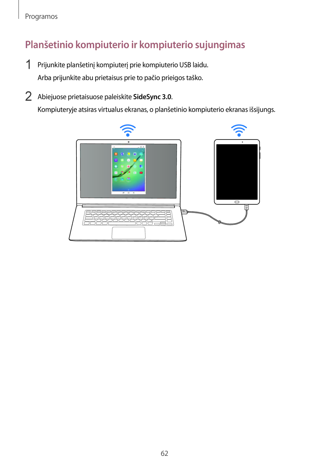 Samsung SM-T810NZDESEB manual Planšetinio kompiuterio ir kompiuterio sujungimas, Abiejuose prietaisuose paleiskite SideSync 