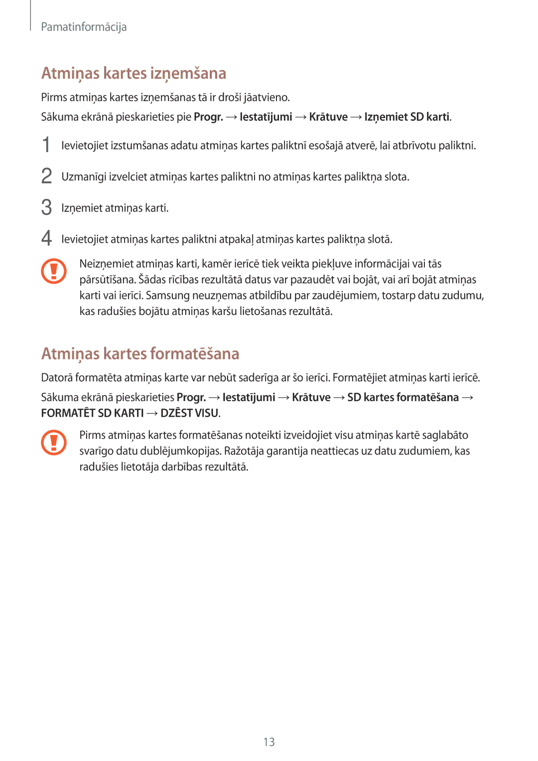 Samsung SM-T810NZWESEB, SM-T810NZKESEB, SM-T810NZDESEB manual Atmiņas kartes izņemšana, Atmiņas kartes formatēšana 