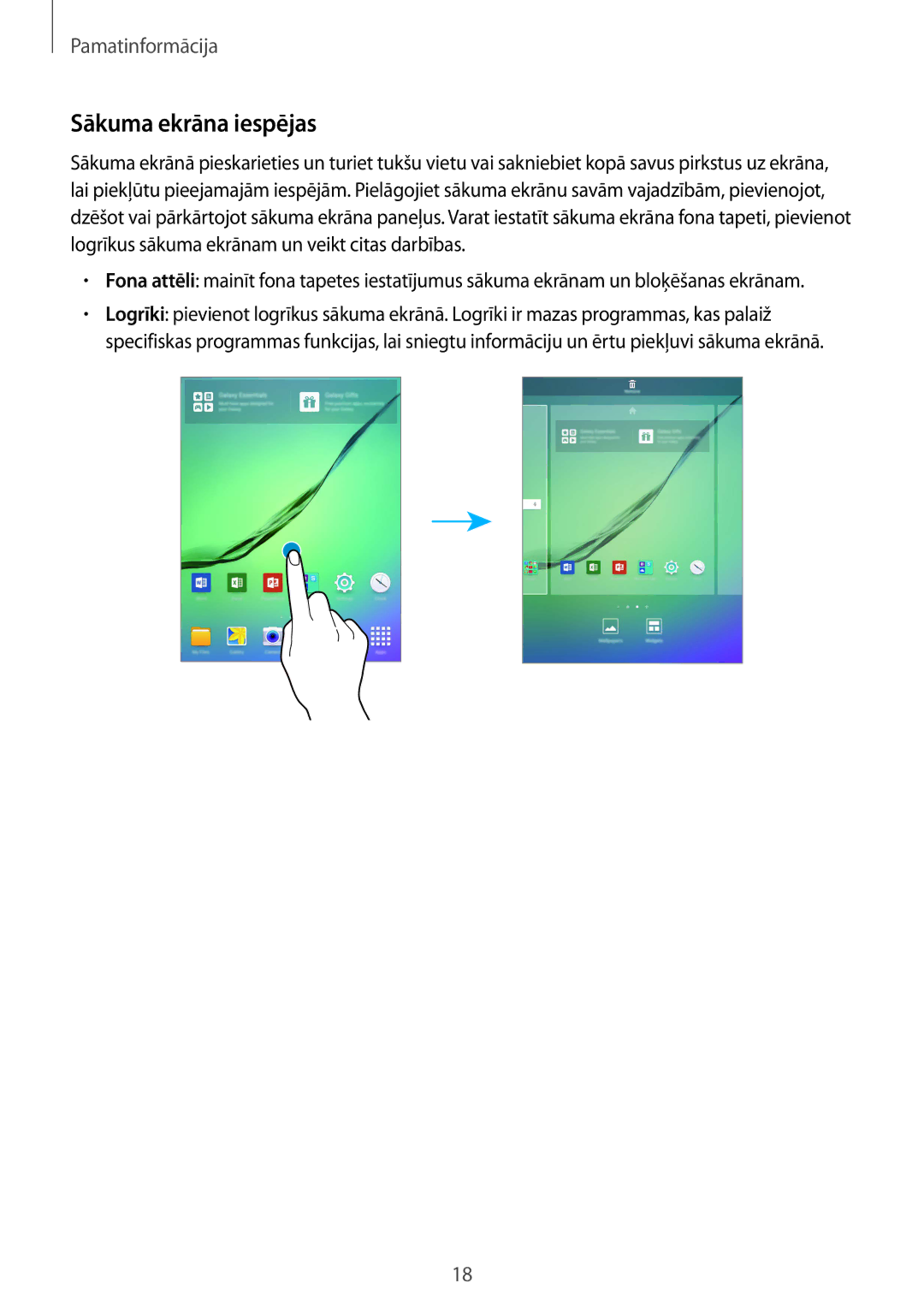 Samsung SM-T810NZKESEB, SM-T810NZWESEB, SM-T810NZDESEB manual Sākuma ekrāna iespējas 