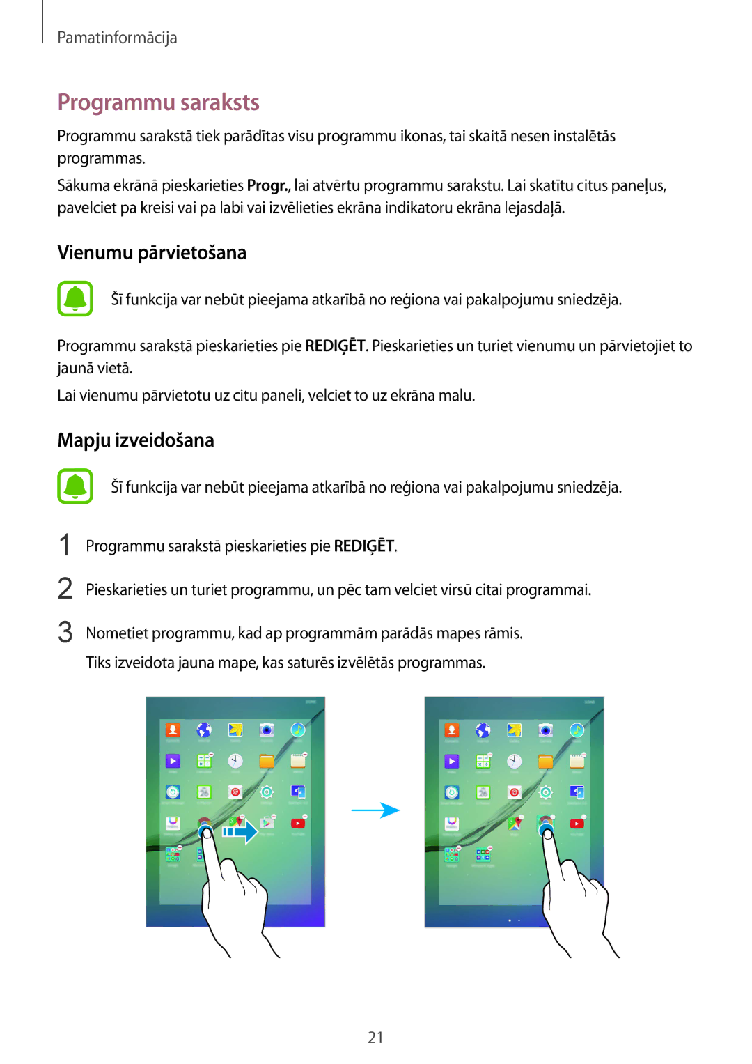 Samsung SM-T810NZKESEB, SM-T810NZWESEB, SM-T810NZDESEB manual Programmu saraksts, Vienumu pārvietošana 