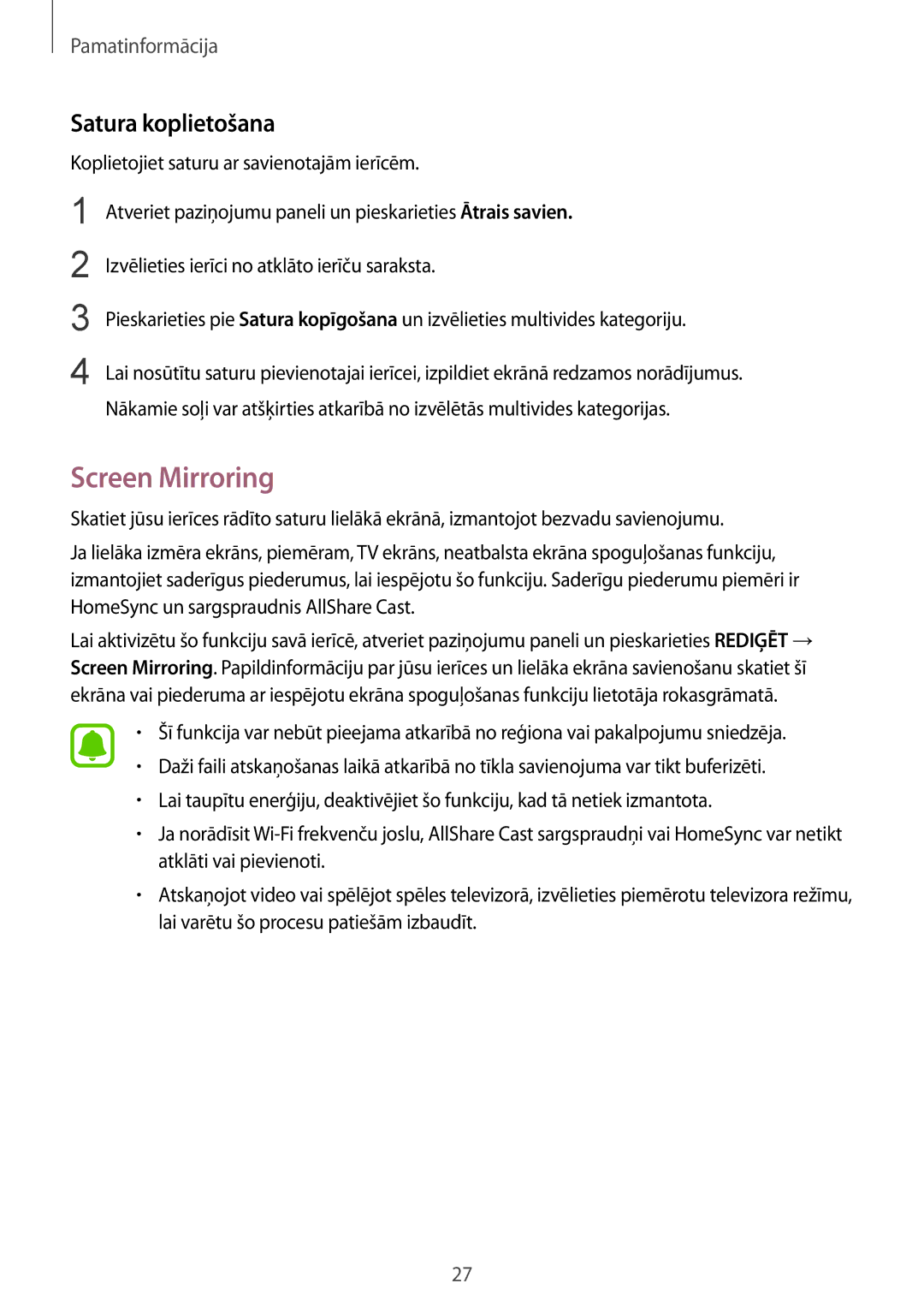 Samsung SM-T810NZKESEB, SM-T810NZWESEB, SM-T810NZDESEB manual Screen Mirroring, Satura koplietošana 