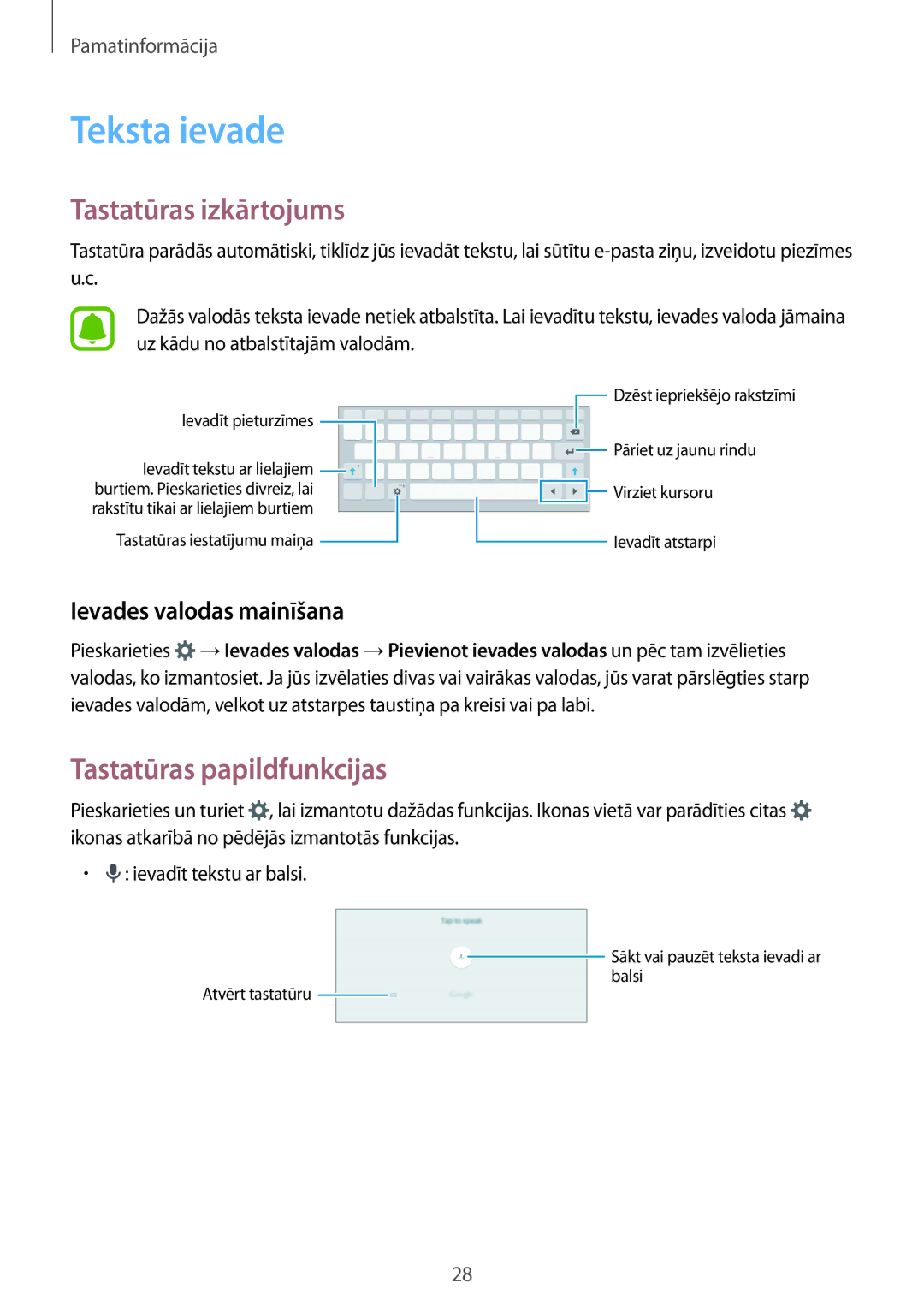 Samsung SM-T810NZWESEB manual Teksta ievade, Tastatūras izkārtojums, Tastatūras papildfunkcijas, Ievades valodas mainīšana 