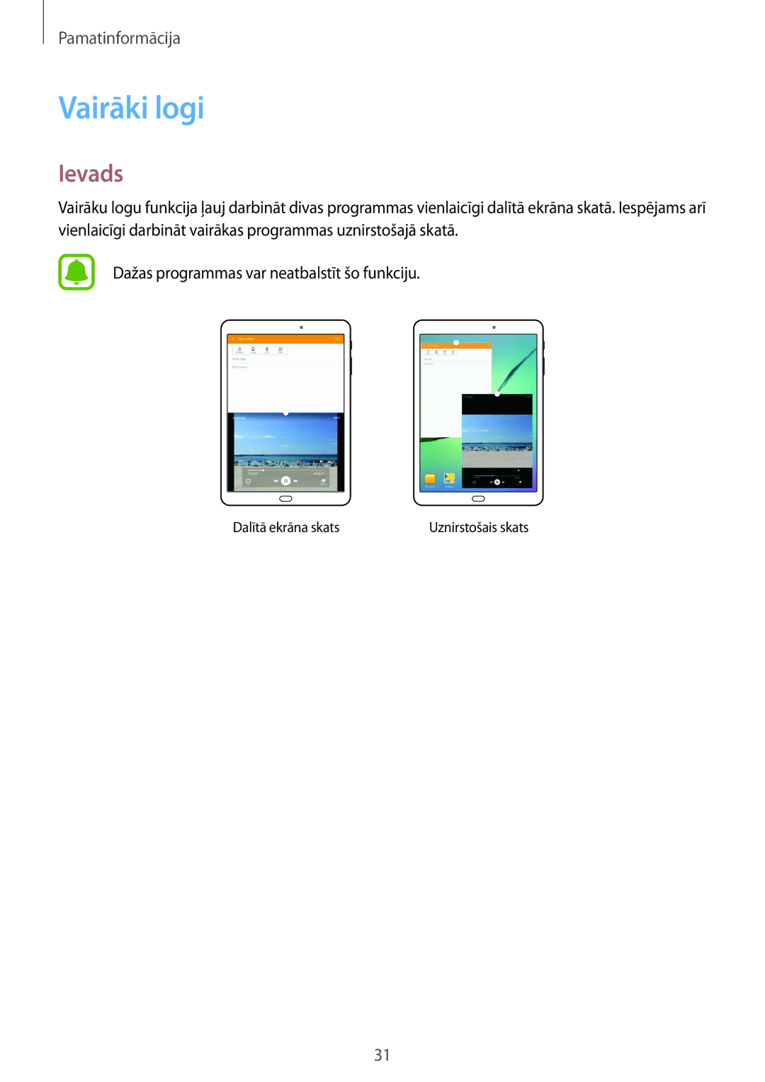 Samsung SM-T810NZWESEB, SM-T810NZKESEB, SM-T810NZDESEB manual Vairāki logi, Ievads 